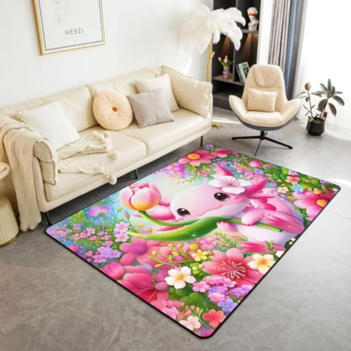 Girly Floral Axolotl Area Rug Rug