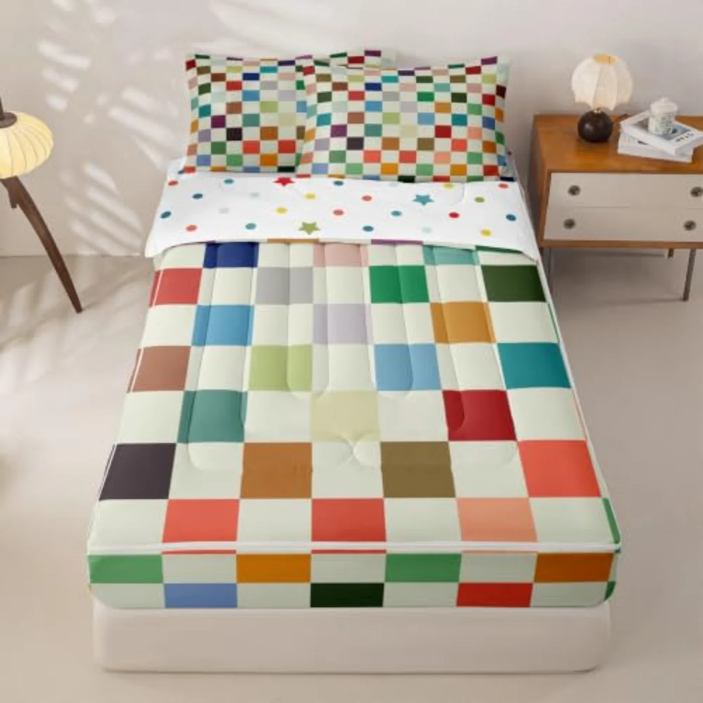 Rainbow Checkered Kids Zipper Colorful Comforter Set, Twin