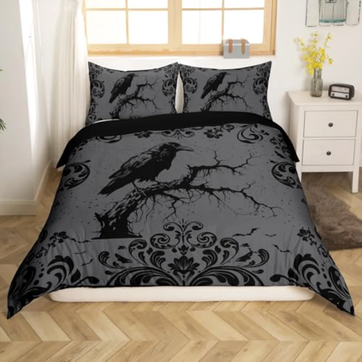 Black Raven Crow Damask Floral Duvet Cover, Queen