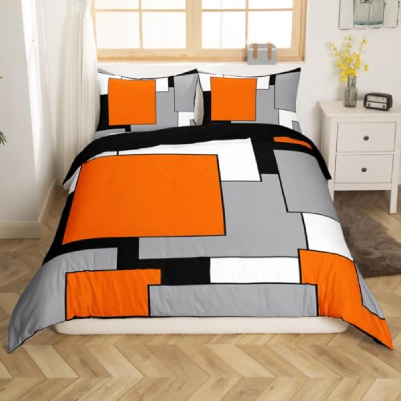 Orange White Black Grey Duvet Cover, King