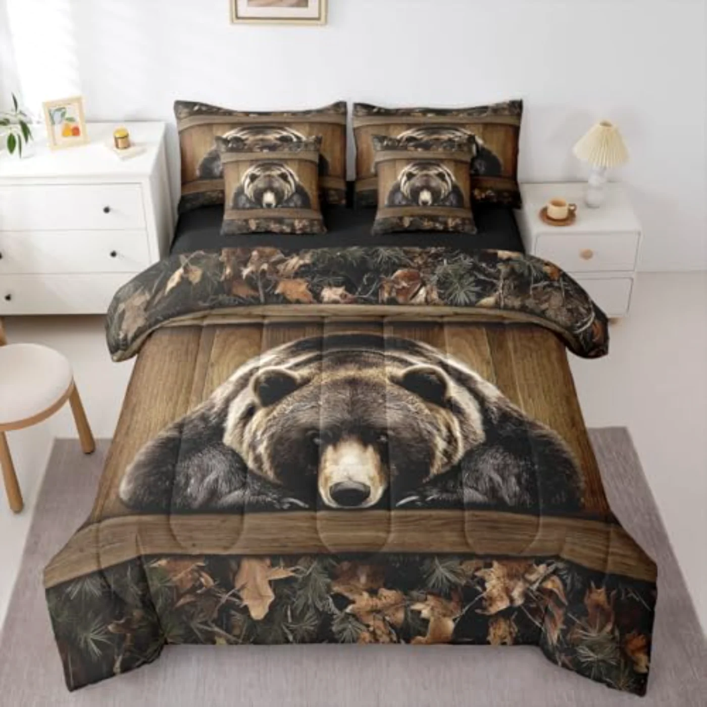 Grizzly Bear Rustic Hunting Bear Comforter Set, Queen