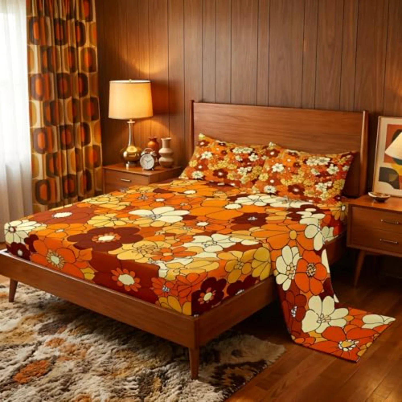 Boho Floral Sheets Retro Groovy Sheet Set, Queen
