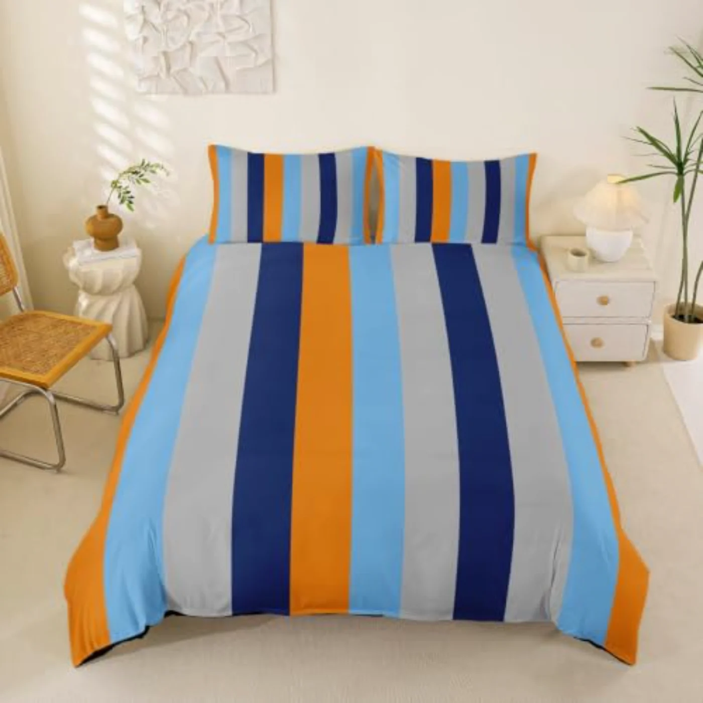 Navy Blue Orange Grey Striped Duvet Cover, Full