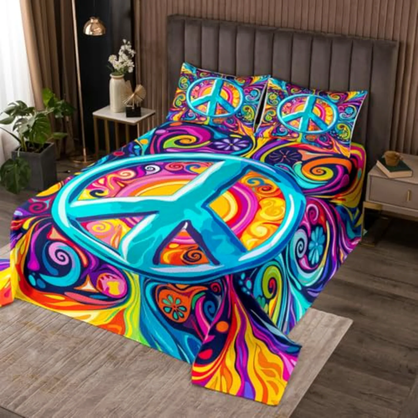 Bohemian Boho Peace Sign Bedspread Quilt, Queen