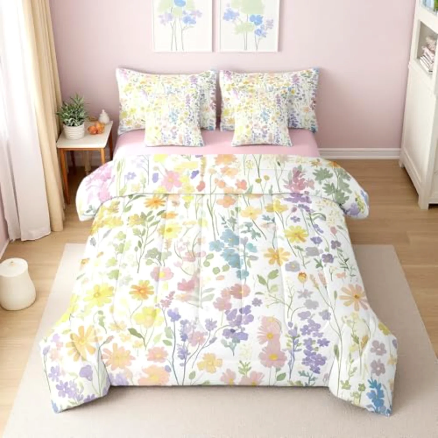 Cute Boho Floral Comforter Set, Twin