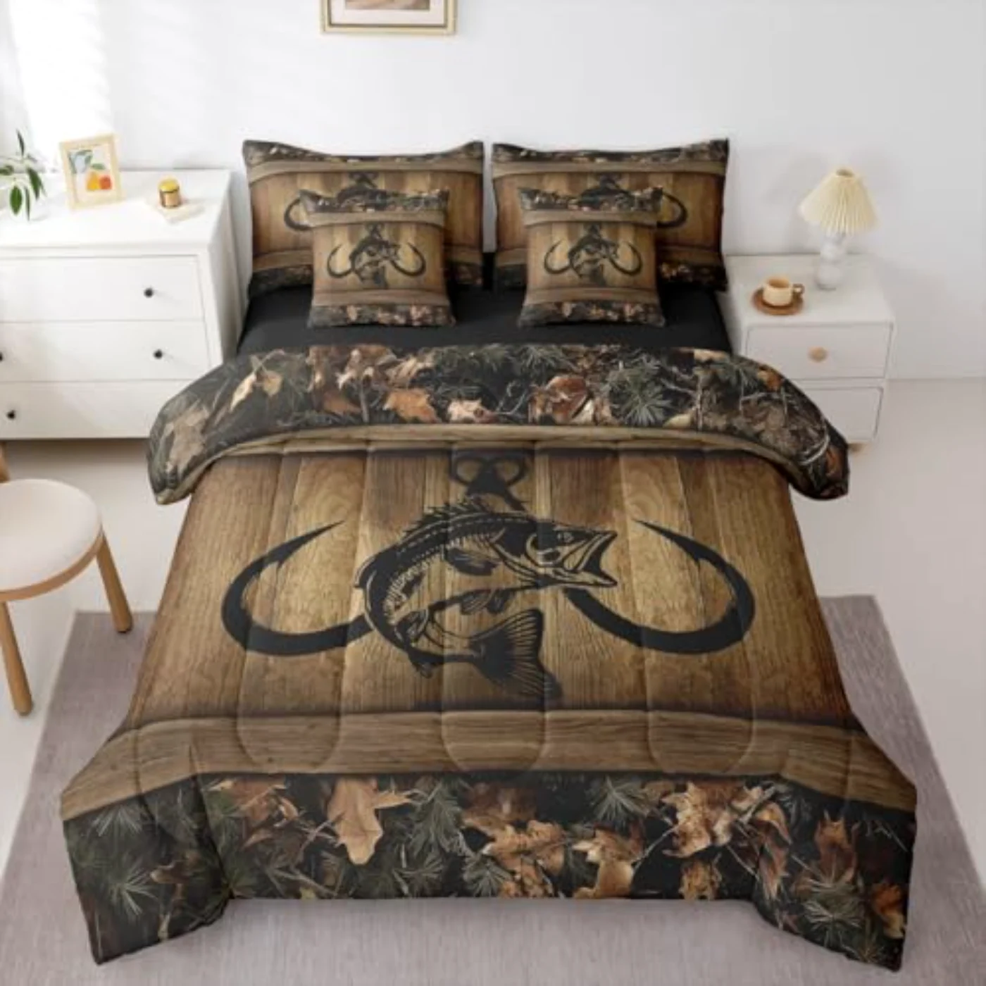 Camo Bass Fishing Rustic Fishing Comforter Set, Twin