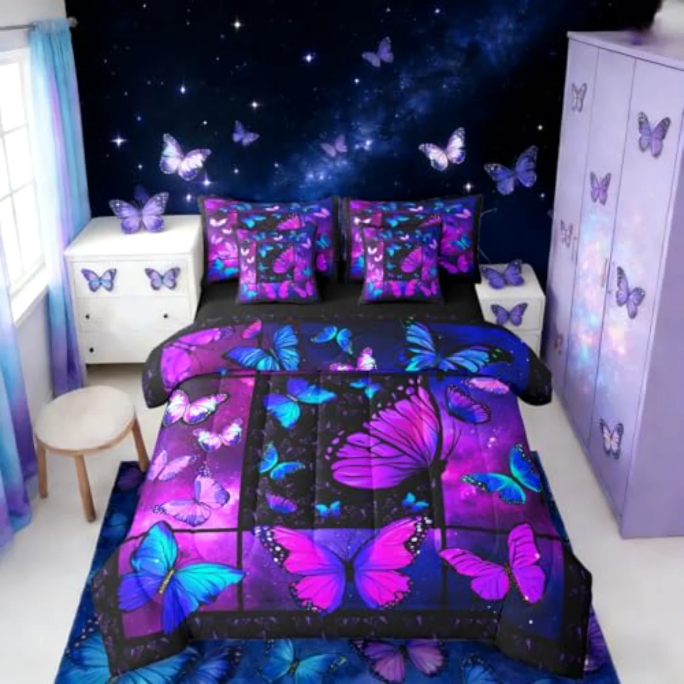 Purple Butterfly Sheets Galaxy Dreamy Comforter Set, Queen