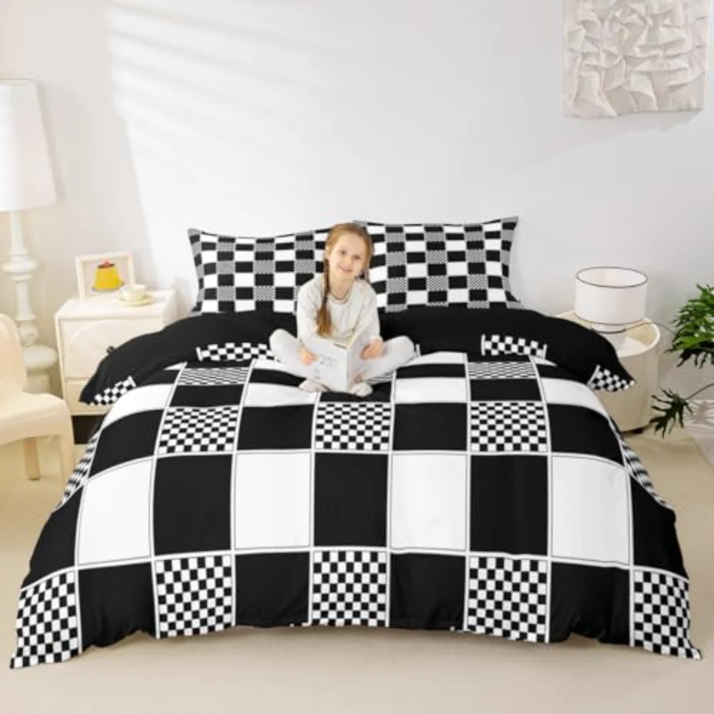 Geometric Checkered Black White Buffalo Duvet Cover, Queen