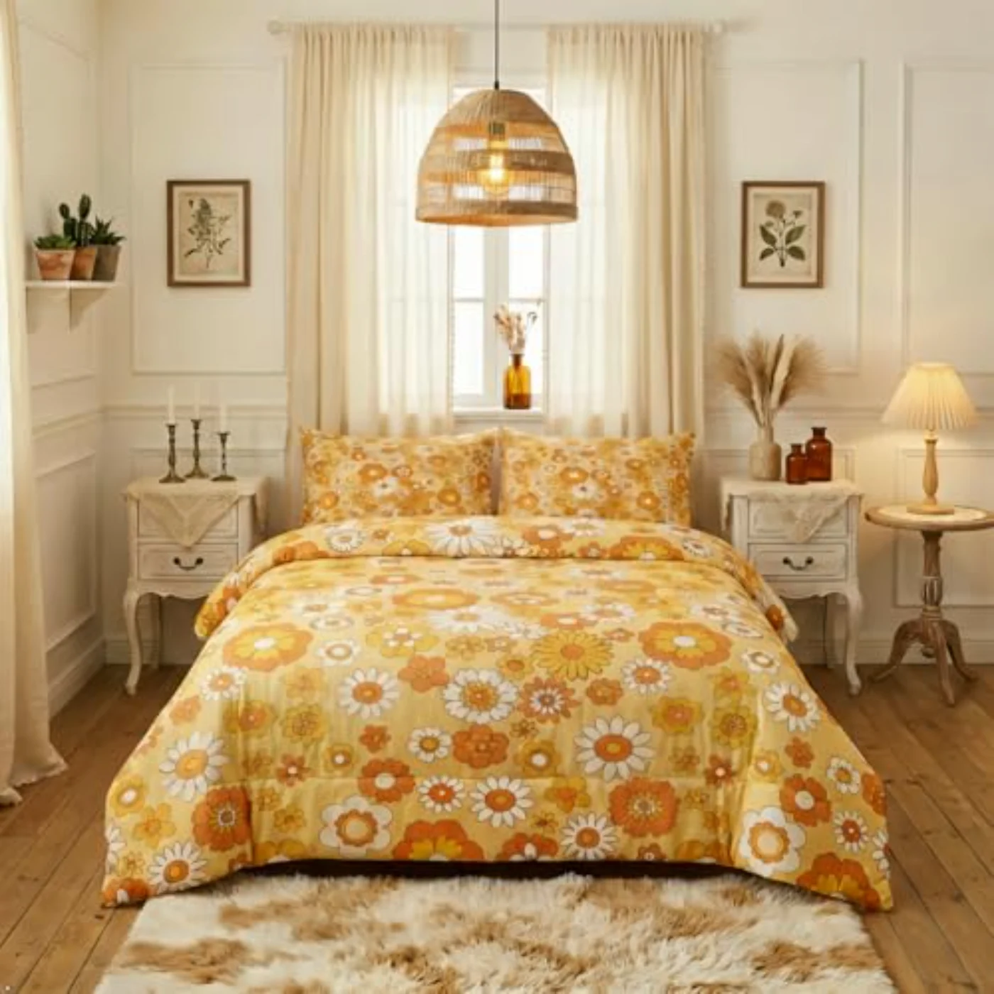 S S Retro Floral Beige Comforter Set, Twin