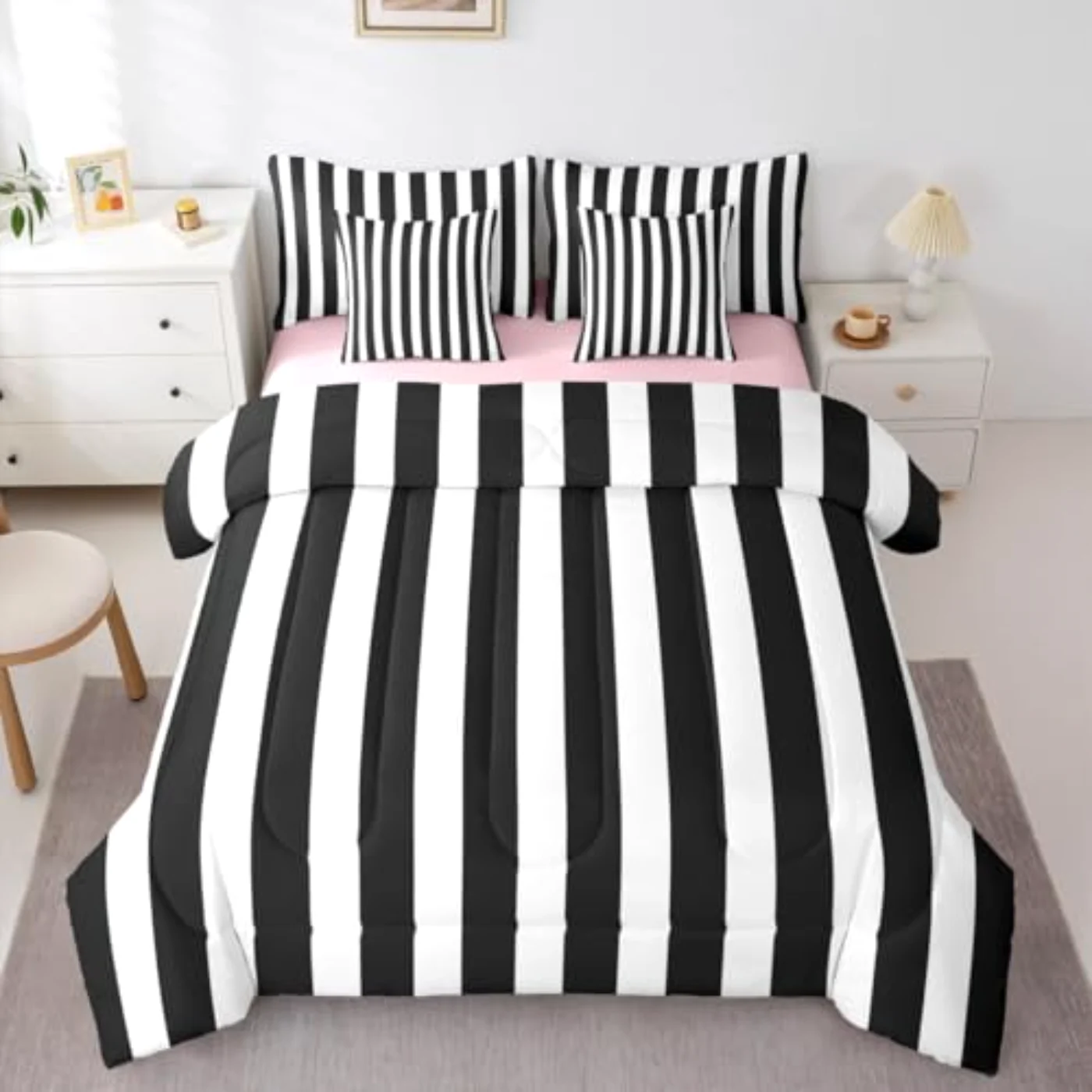 Black White Striped Comforter Set, Queen