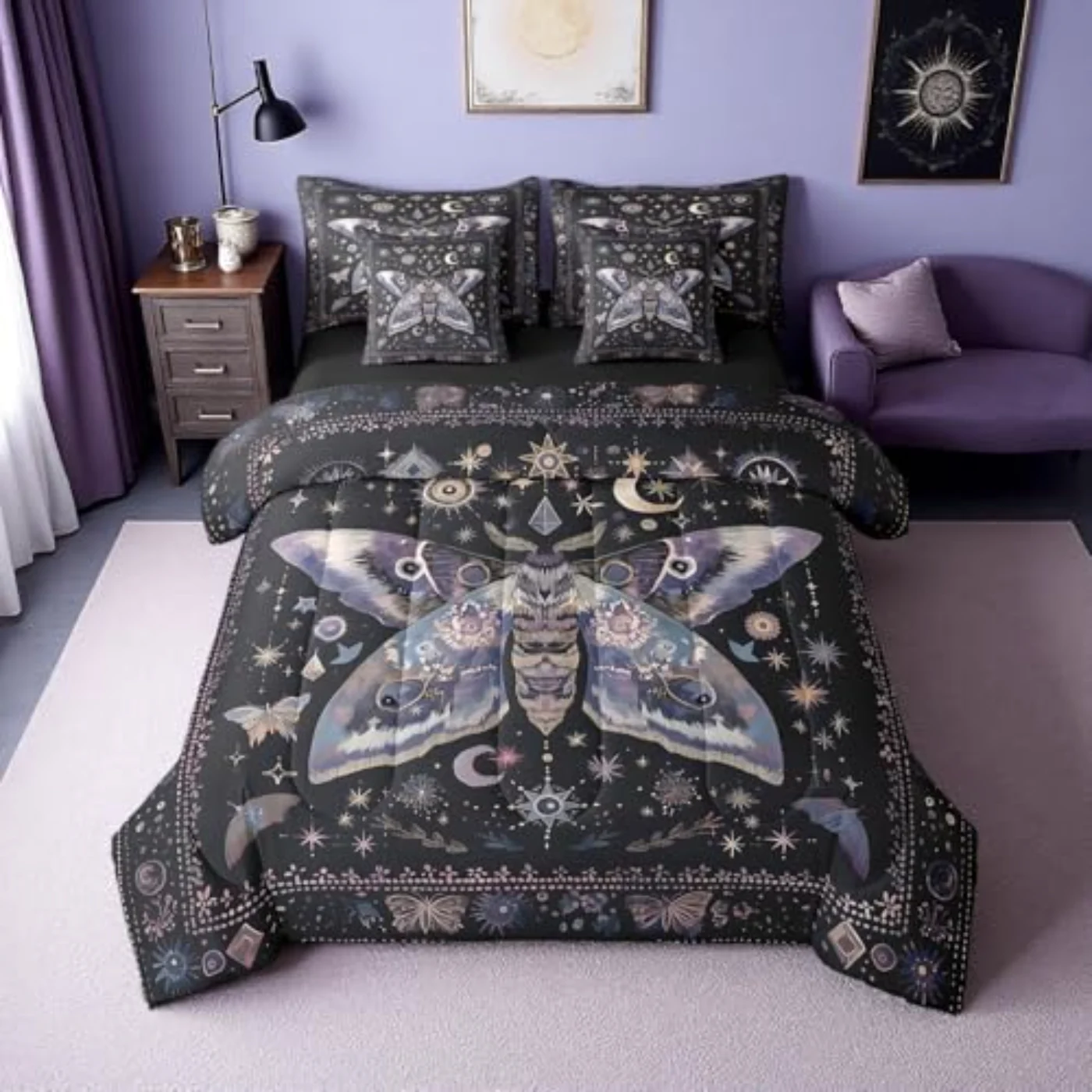 Black Boho Moth Sheets Comforter Set, King