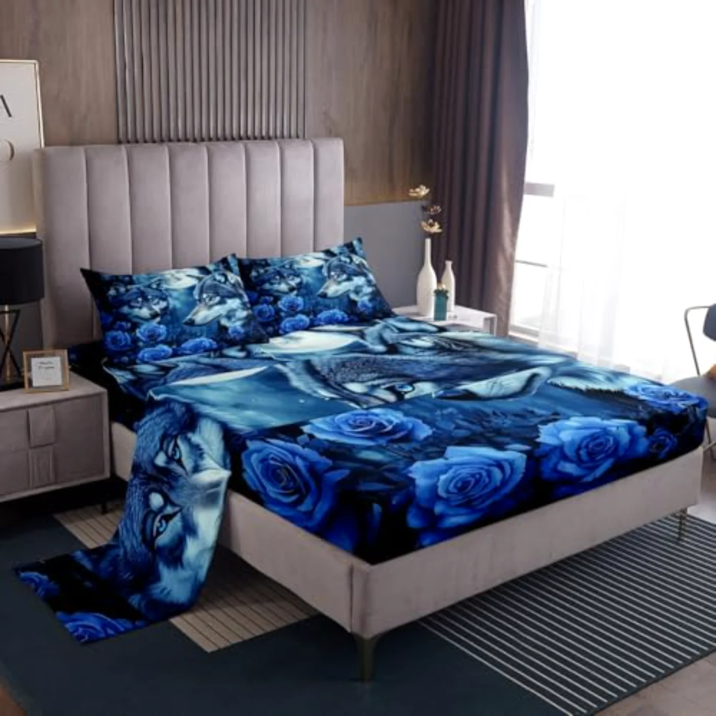 Wolf Kids Blue Rose Flower Sheet Set, Queen