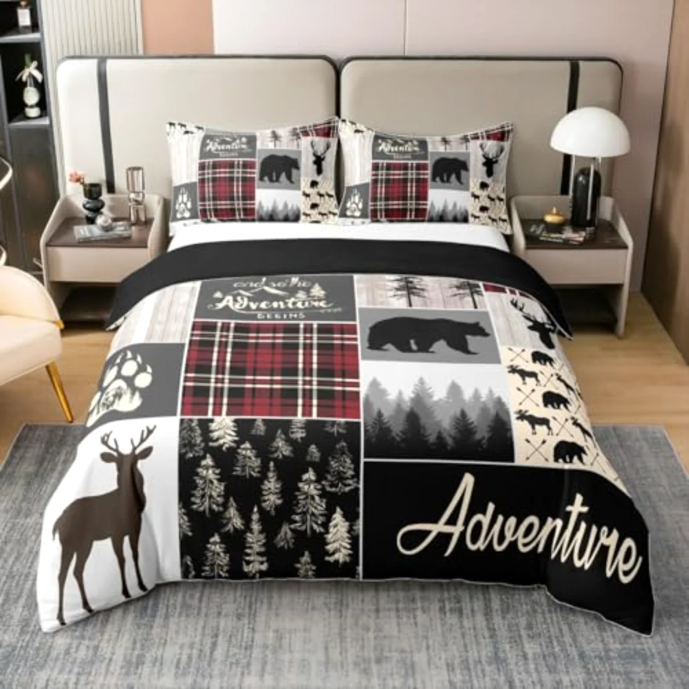 Hunting Deer Bear Cotton Rustic Duvet Cover, Queen