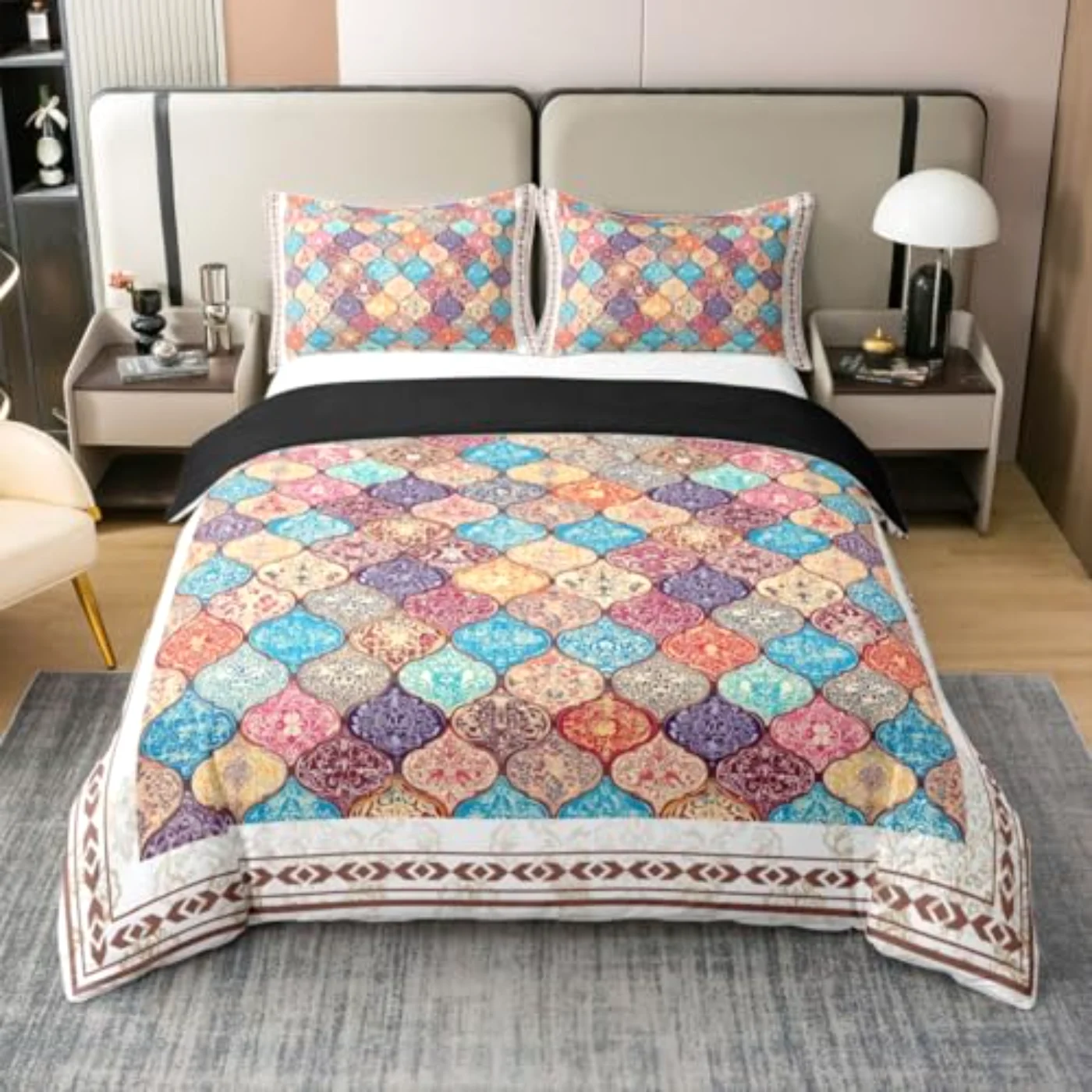 Cotton Style Boho Damask Flower Duvet Cover, Queen