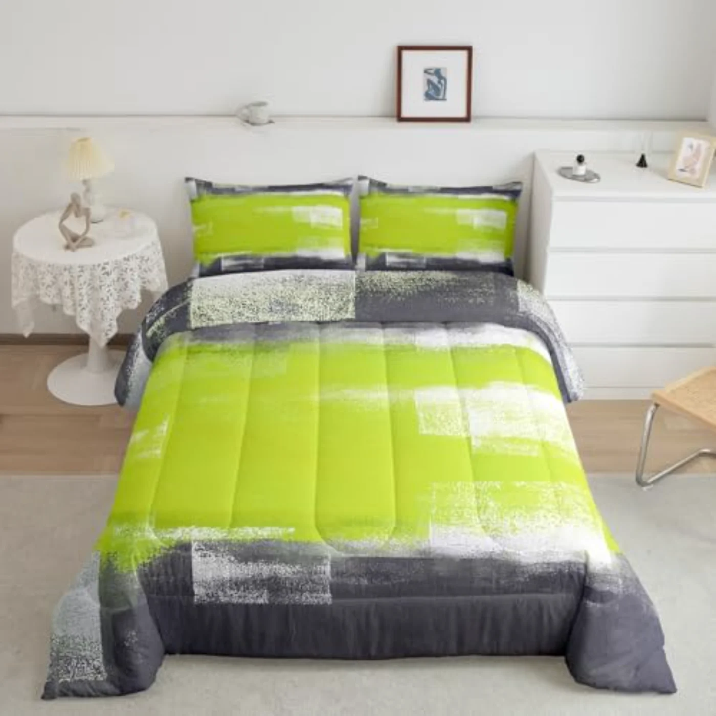 Lime Green Watercolor Ombre Black Comforter Set, Full