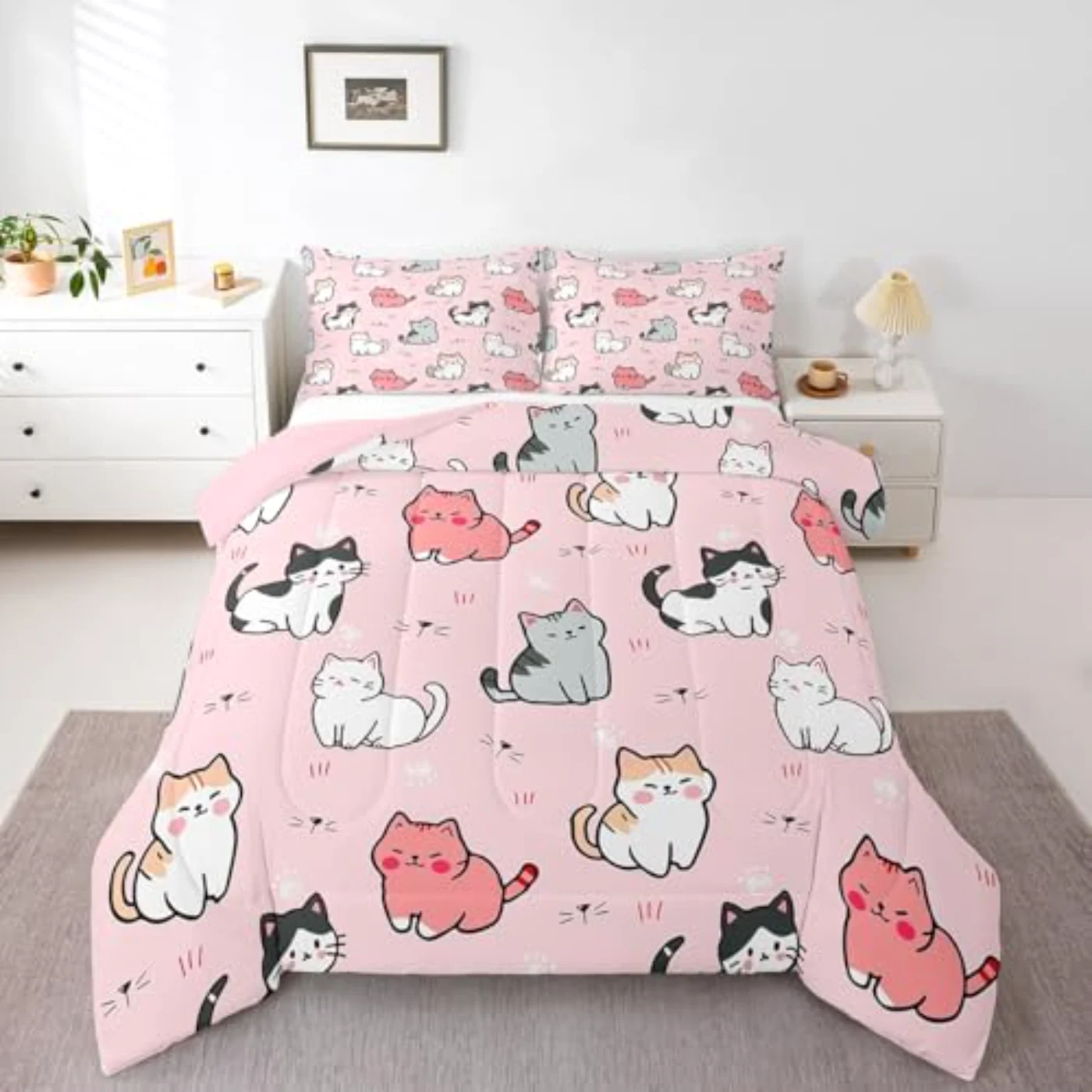 Girls Pink Cat Cute Animal Comforter Set, Twin