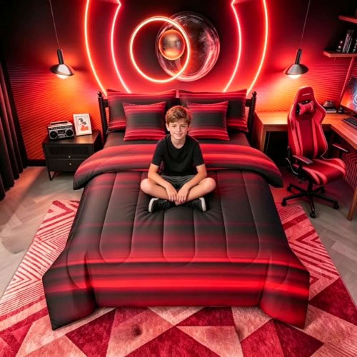 Red Black Ombre Sheets Abstract Comforter Set, Twin