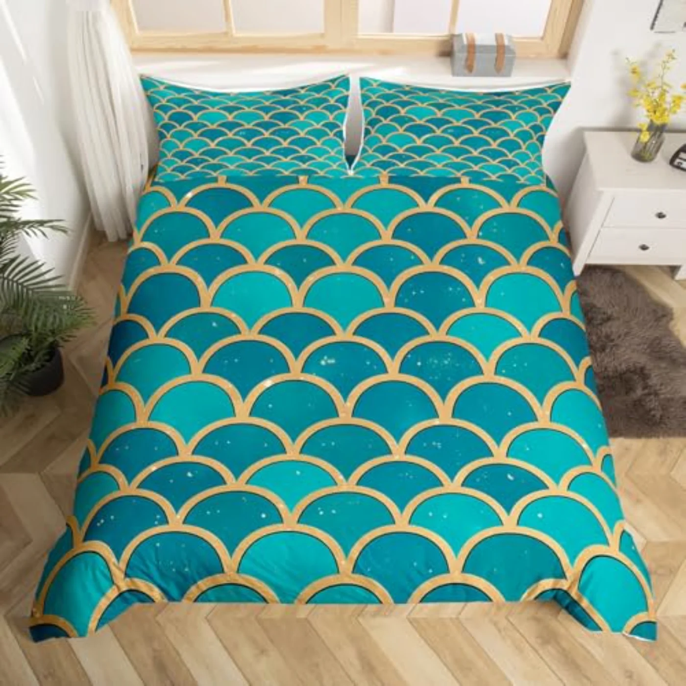 Mermaid Green Fish Scales Kids Duvet Cover, Twin