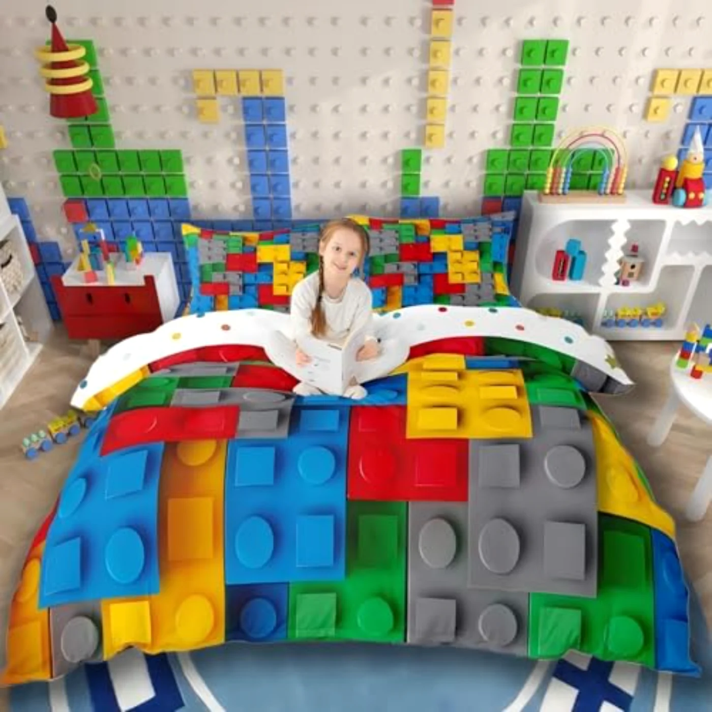 Construction Colorful D Building Blocks Duvet Cover, Full