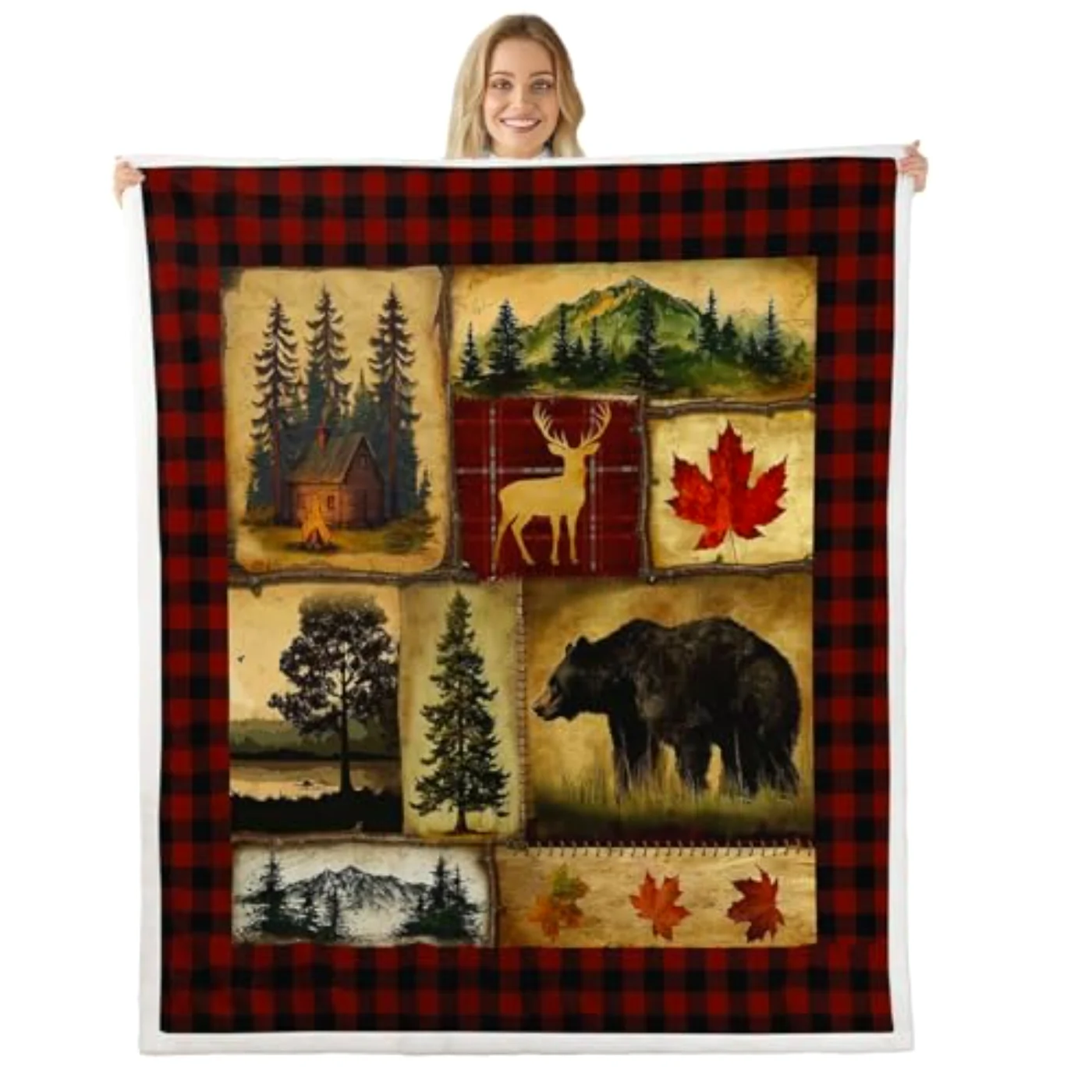 Bear Cabin Plaid Throw Blanket Throw, Queen