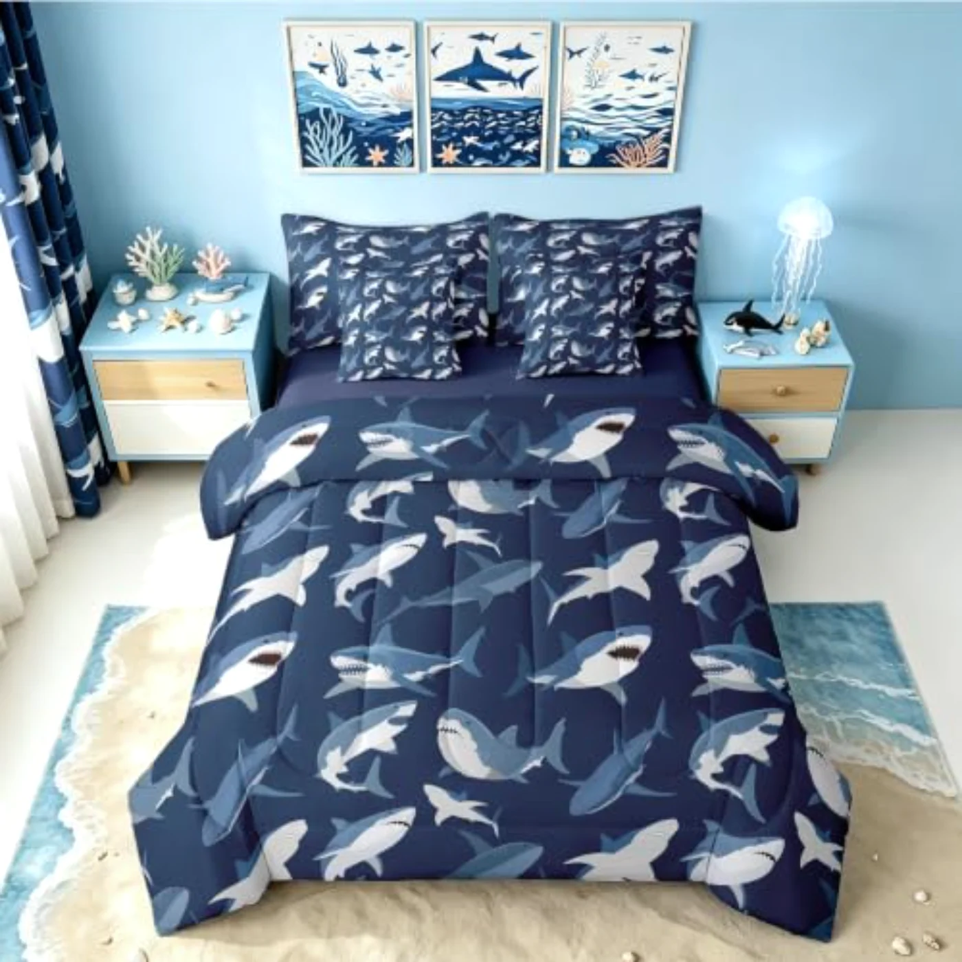 Boys Shark Sheets Navy Blue Comforter Set, Full