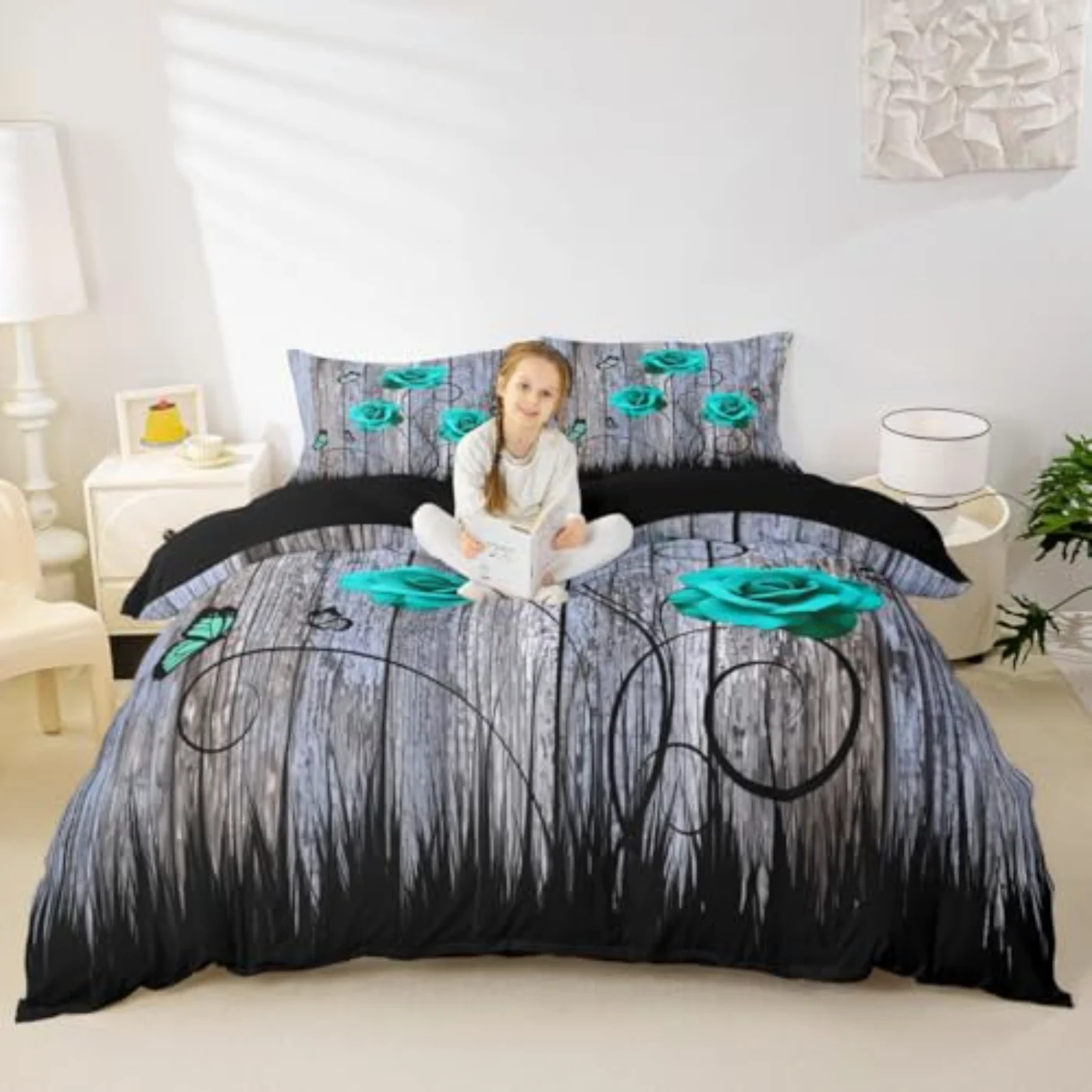 Turquoise Rose Teal Butterfly Girls Duvet Cover, Queen