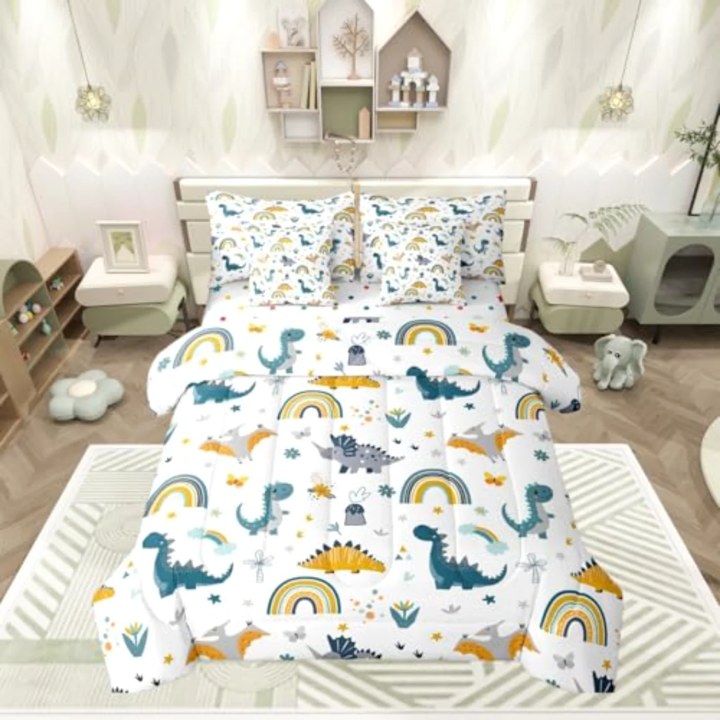 Cartoon Dinosaur Cute Rainbow Boys Comforter Set, Twin