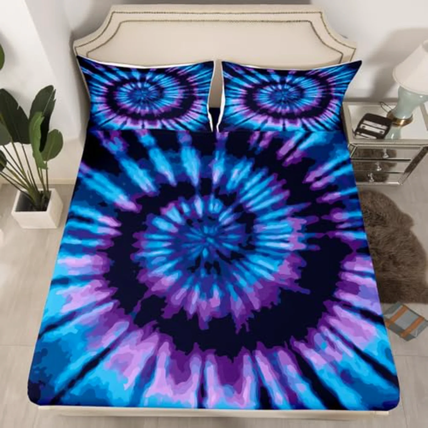 Tie Dye Fitted Blue Purple Sheet Set, Twin