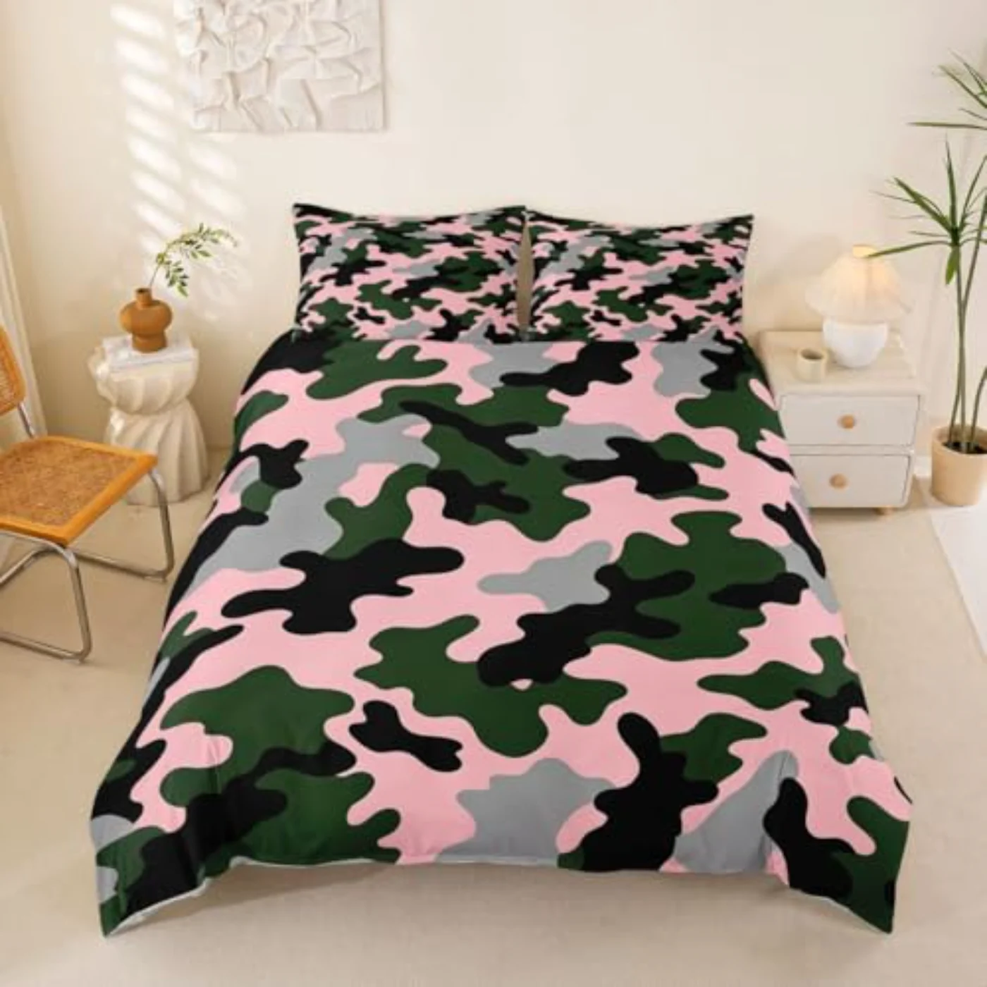 Pink Olive Green Camo Abstract Duvet Cover, Full