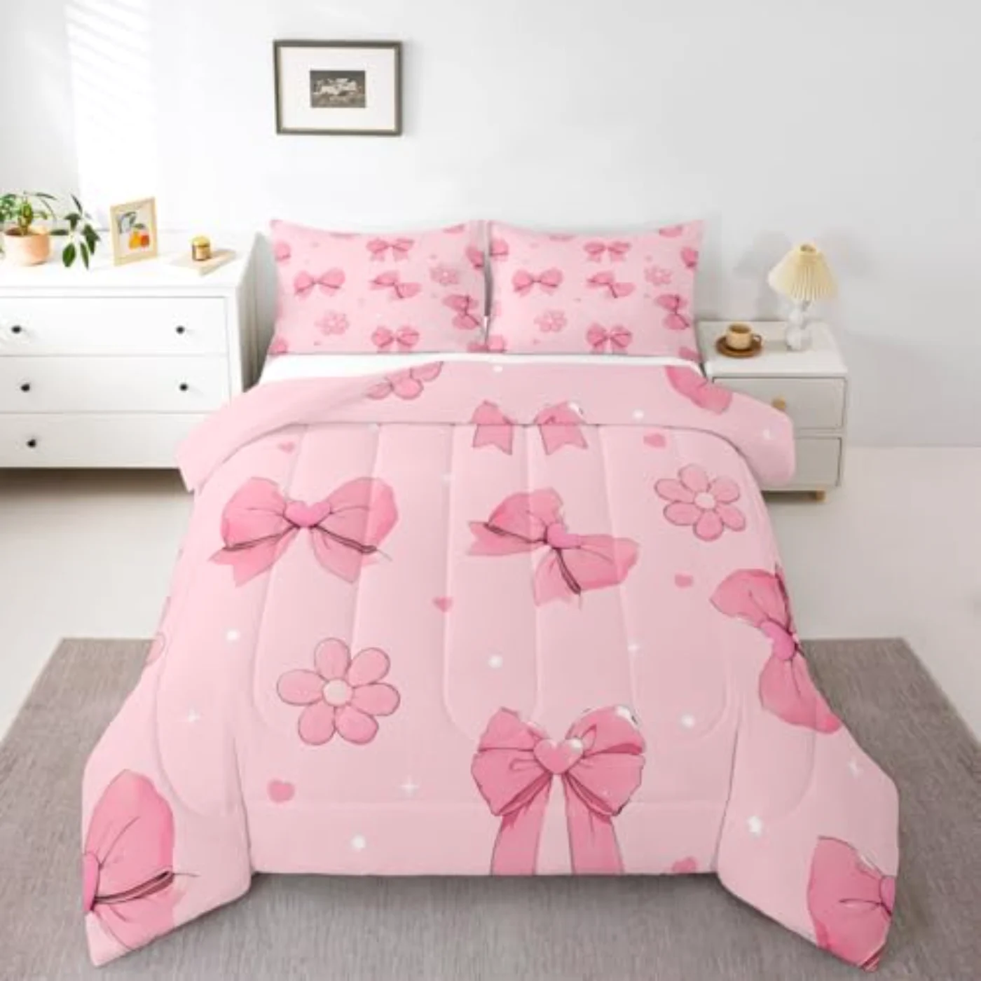 Pink Bows Girly Bowknot Kids Quilt, Queen