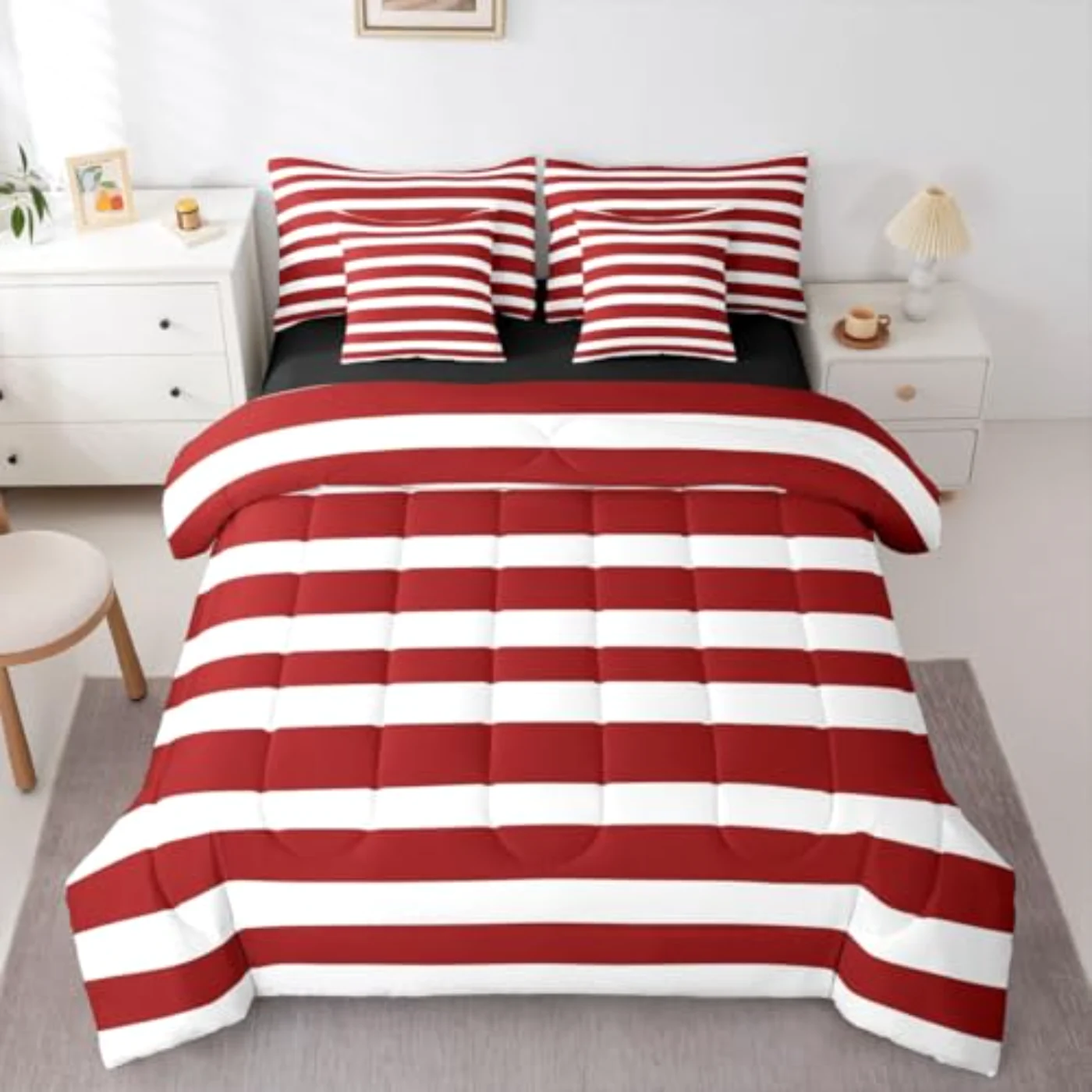 Red White Striped Kids Teens Comforter Set, Queen
