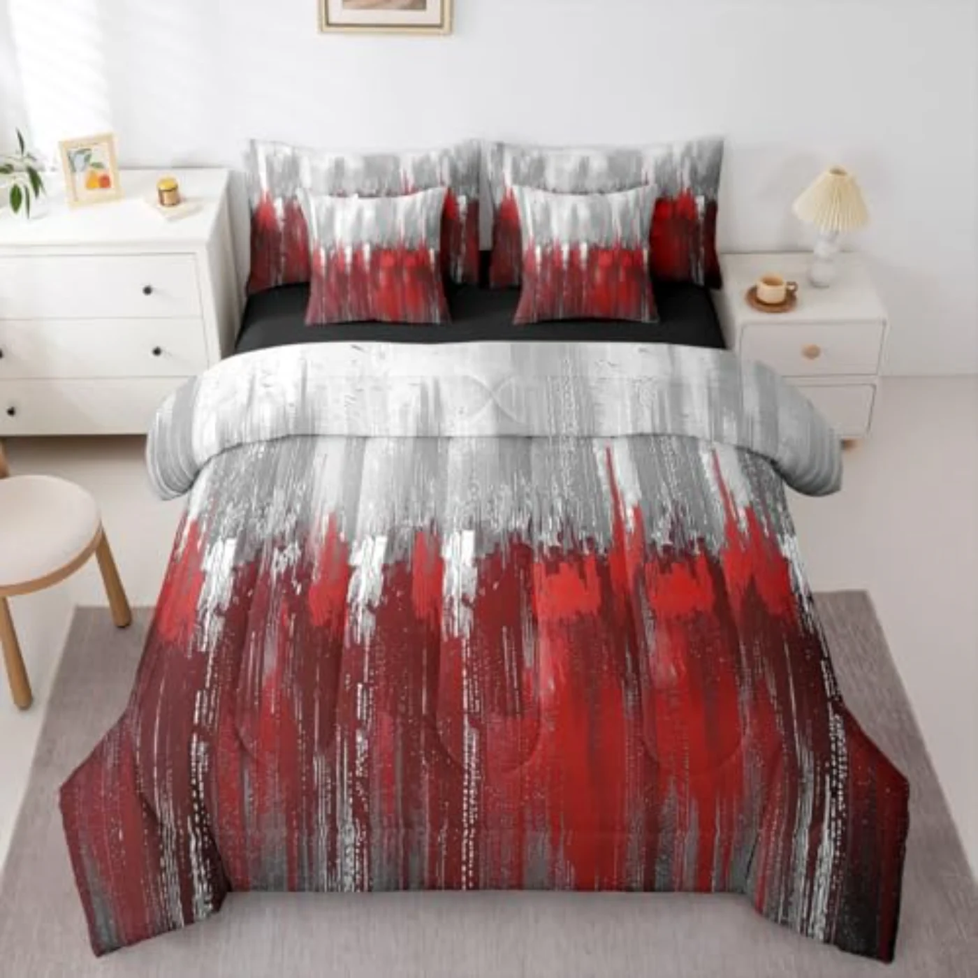 White Red Greyish Gradient Sheets Comforter Set, Queen