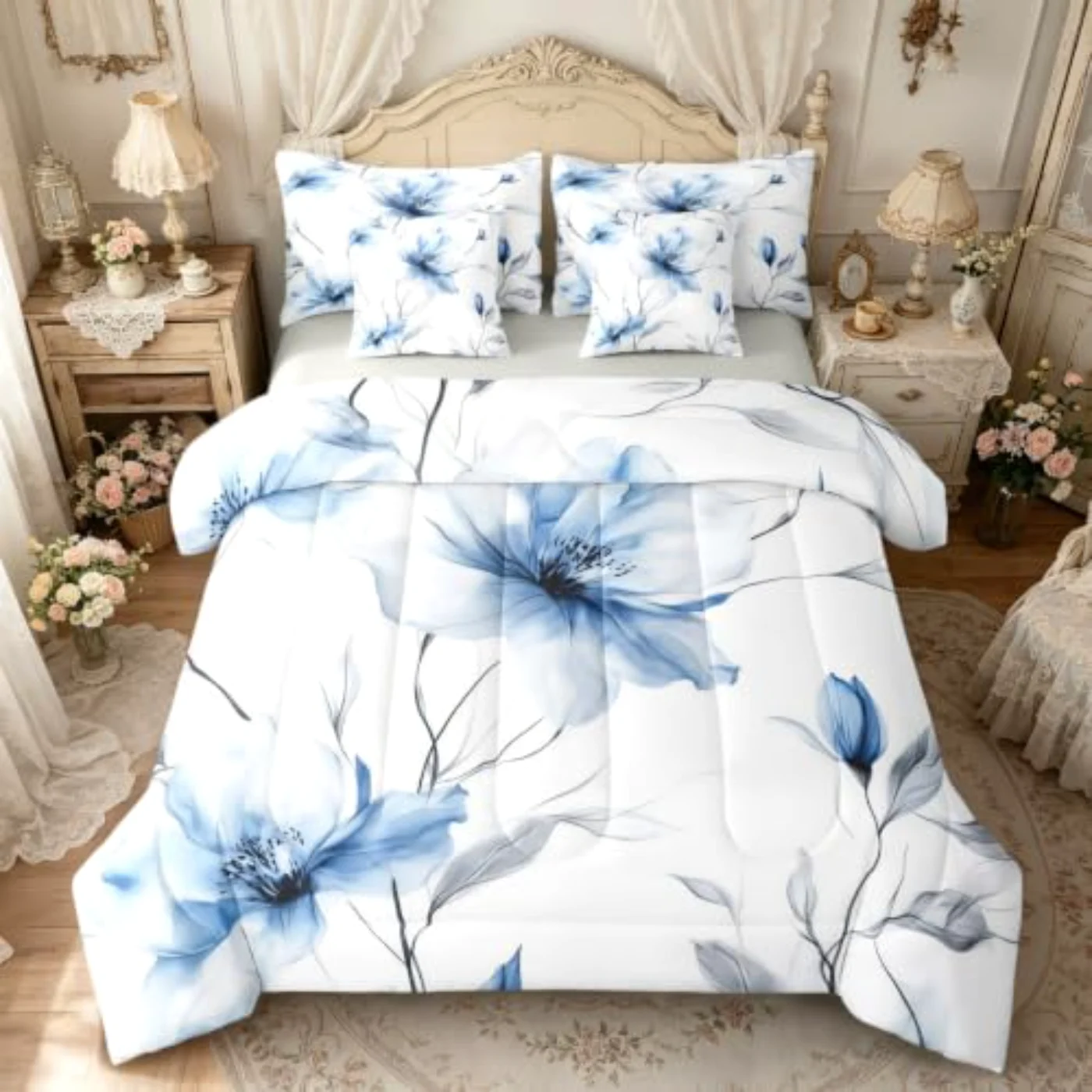 Boho Watercolor Floral Sheets Comforter Set, King