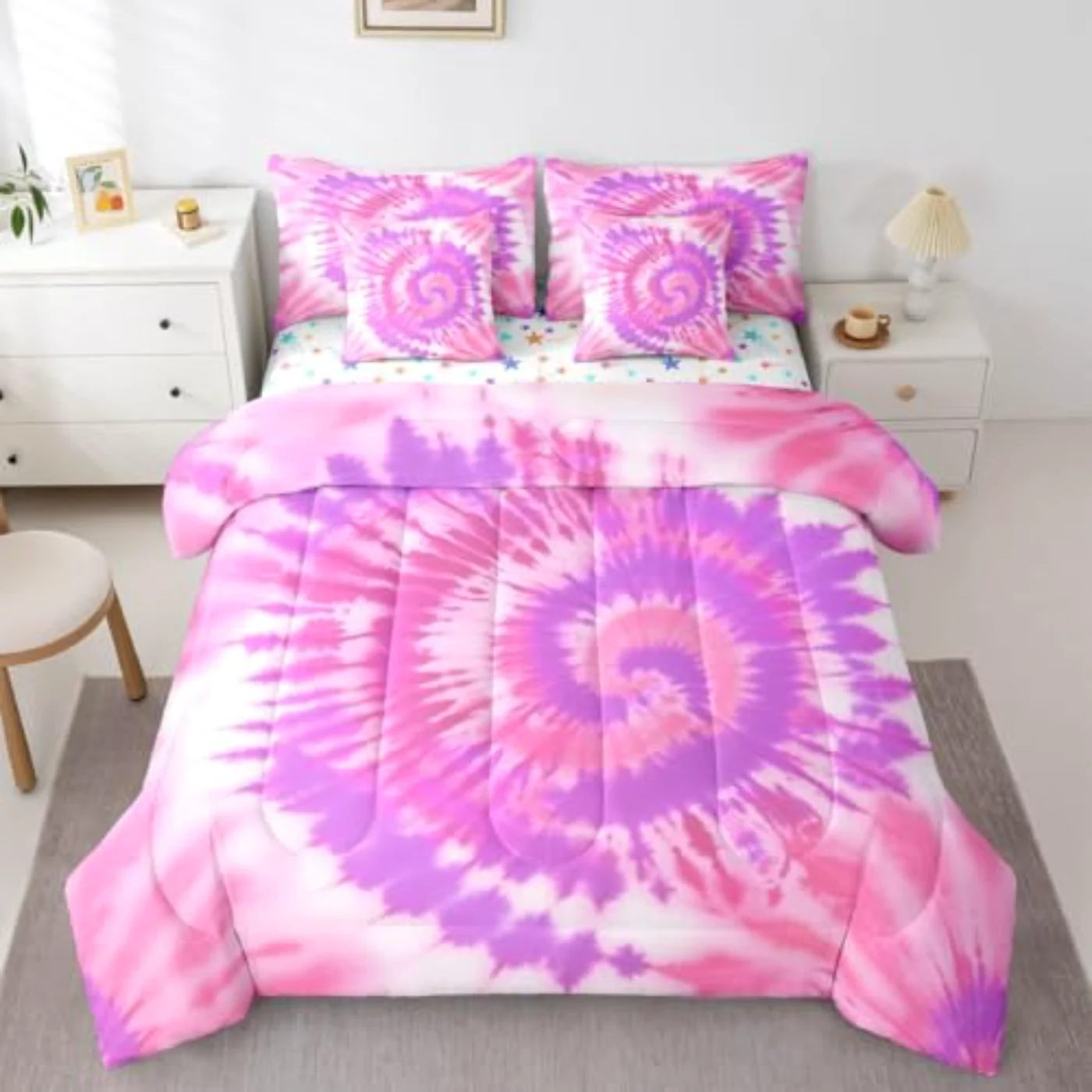 Tie Dye Girls Boho Pink Comforter Set, Queen