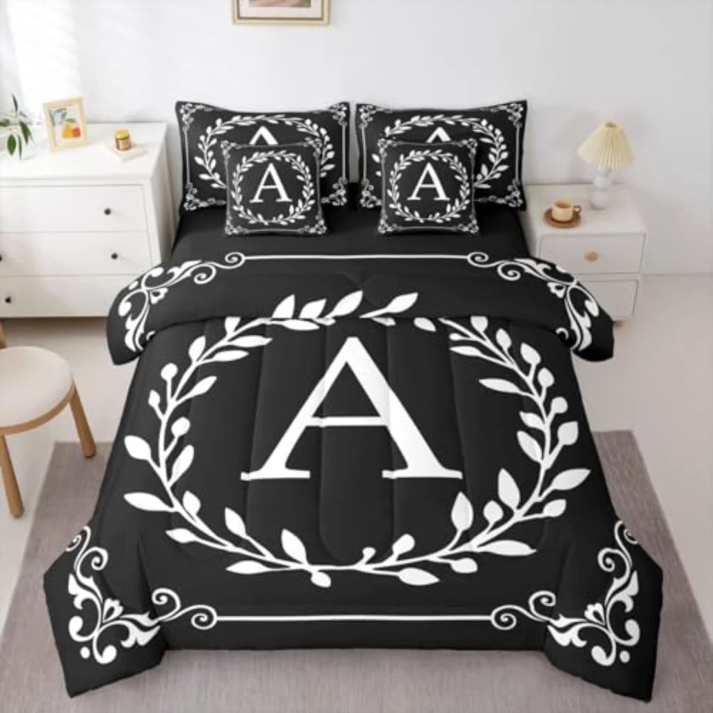 Monogram Letter Sheets Black White Comforter Set, Full