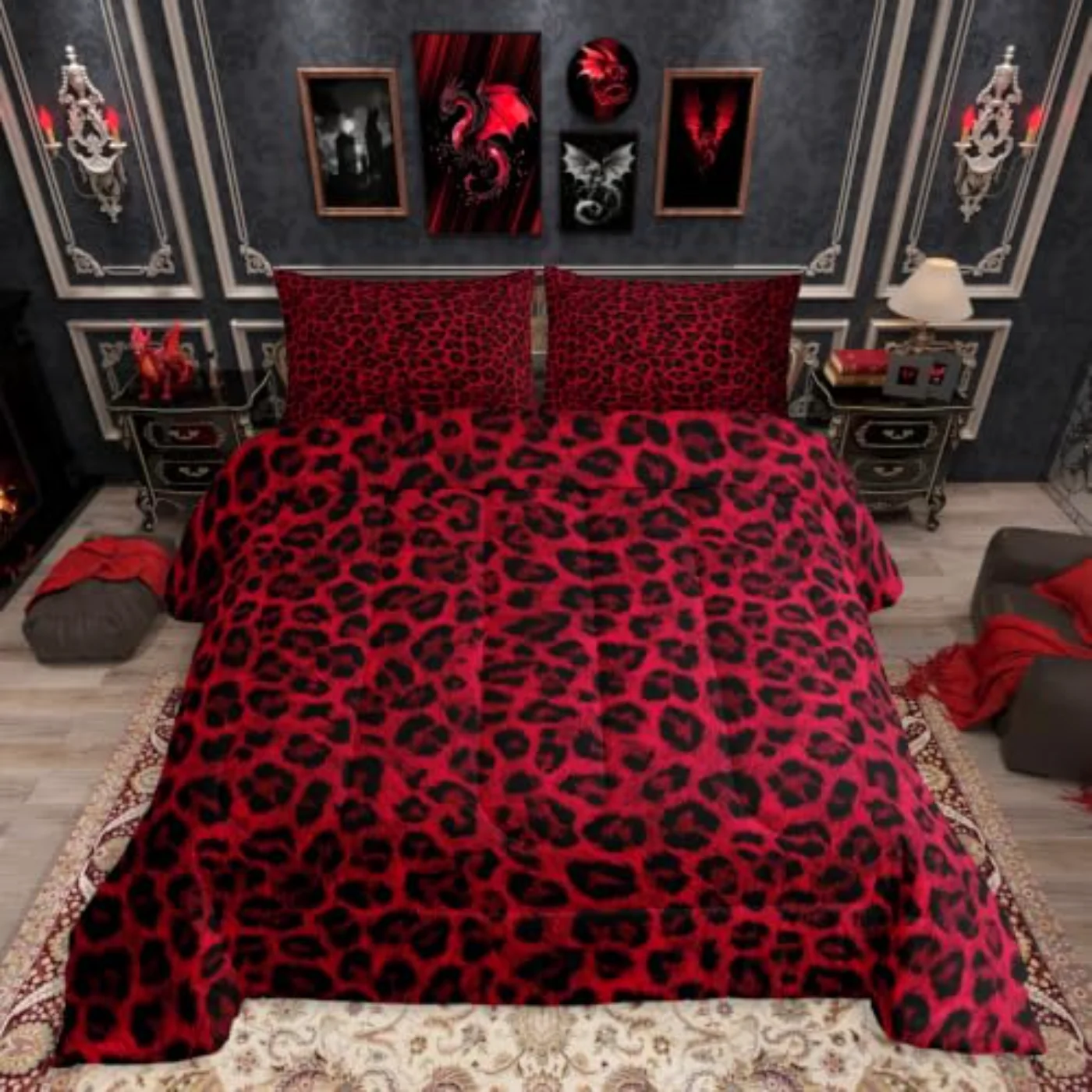 Red Black Leopard Kids Boys Comforter Set, Full