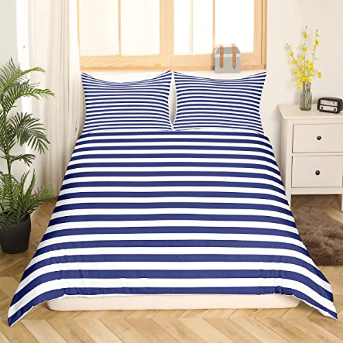 Navy Blue Stripe White Geometric Duvet Cover, Twin