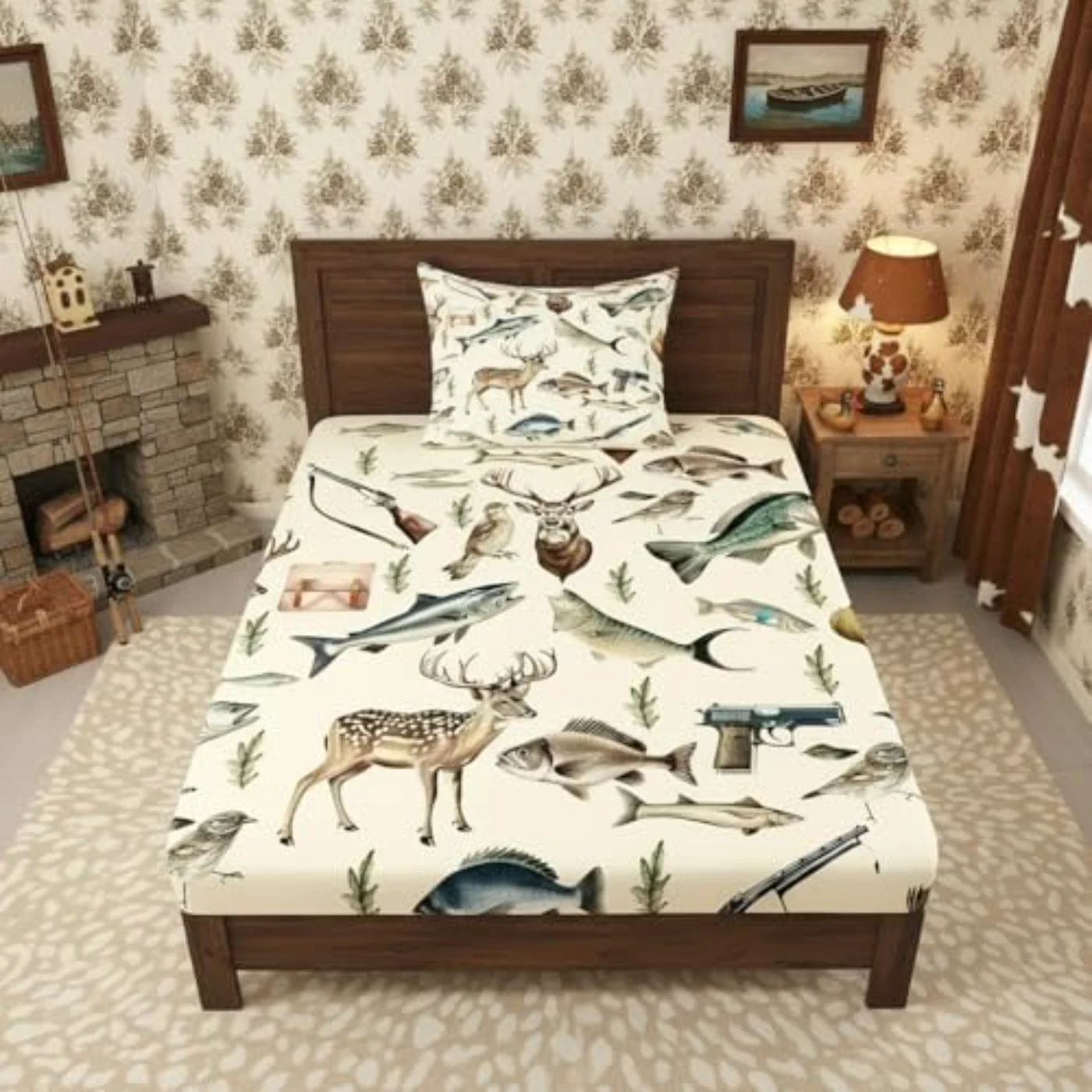 Hunting Fishing Sheet Set, Twin, White & (8BCS)