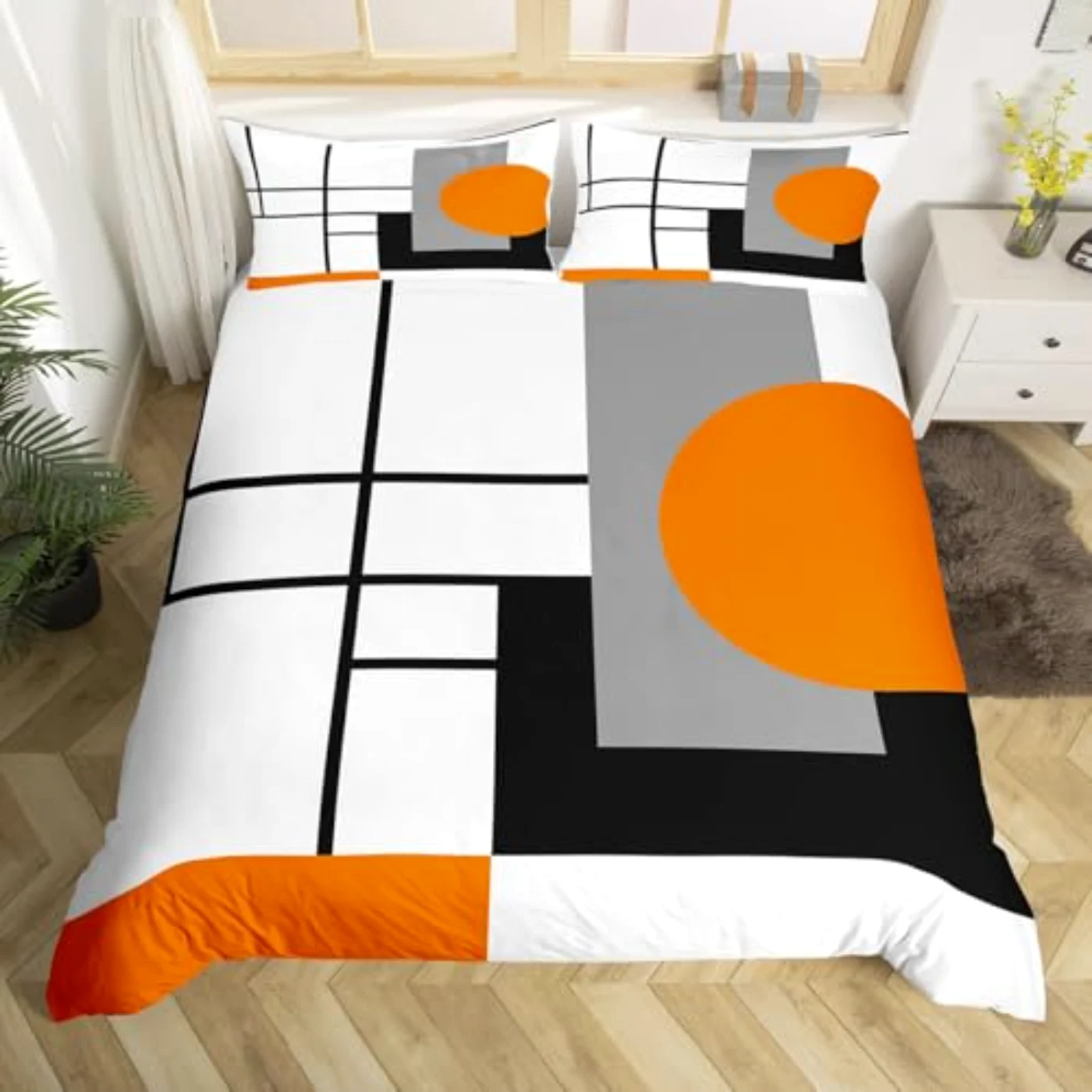 White Black Orange Striped Boho Duvet Cover, Queen