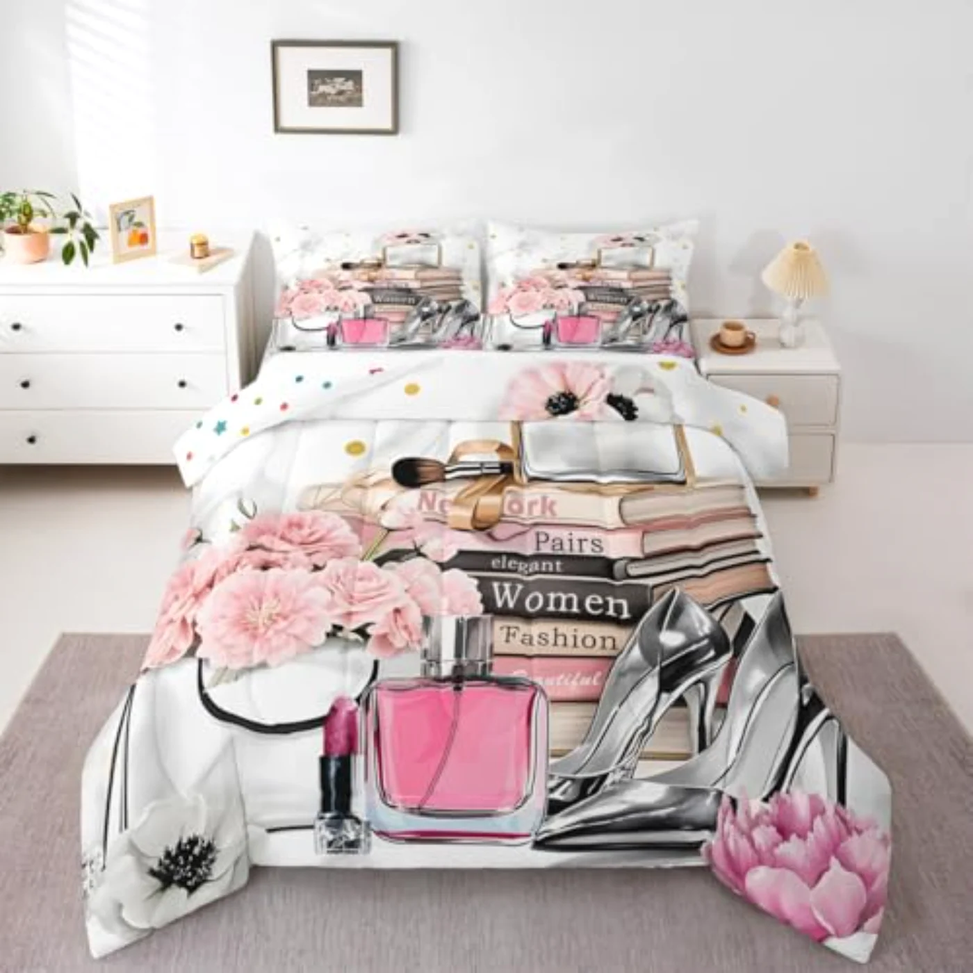 Fashion Pink Flower Perfume Girly Comforter Set, King