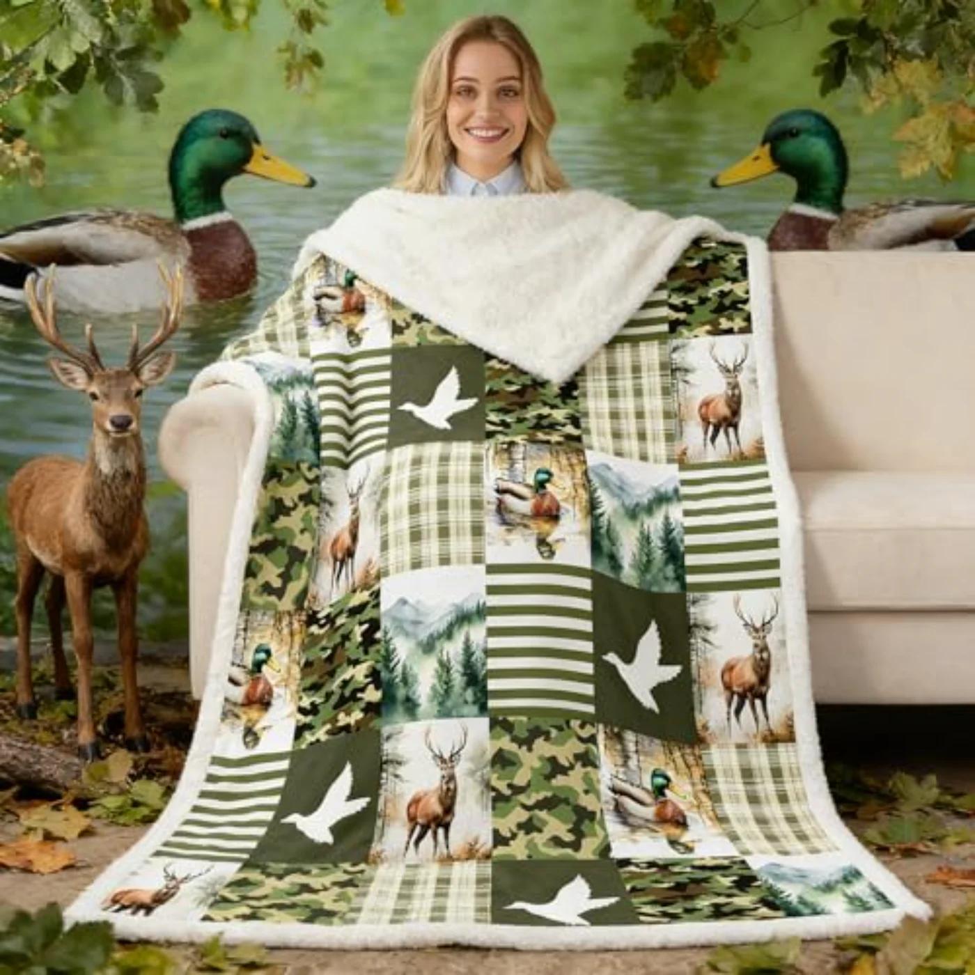 Green Camo Fleece Blanket Mallard Throw