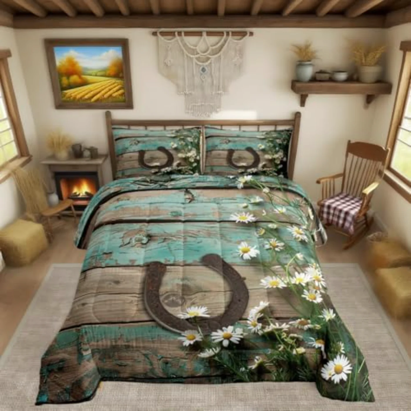 Rustic Farmhouse Teal Country Wooden Comforter Set, Queen