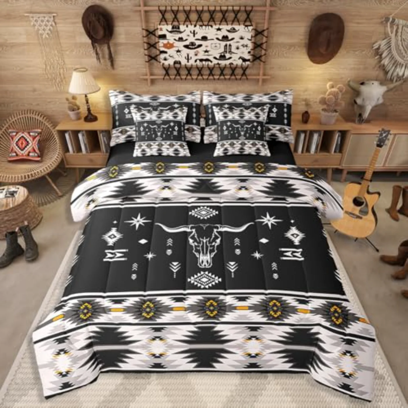 Western Bull Skull Boho Southwestern Comforter Set, King