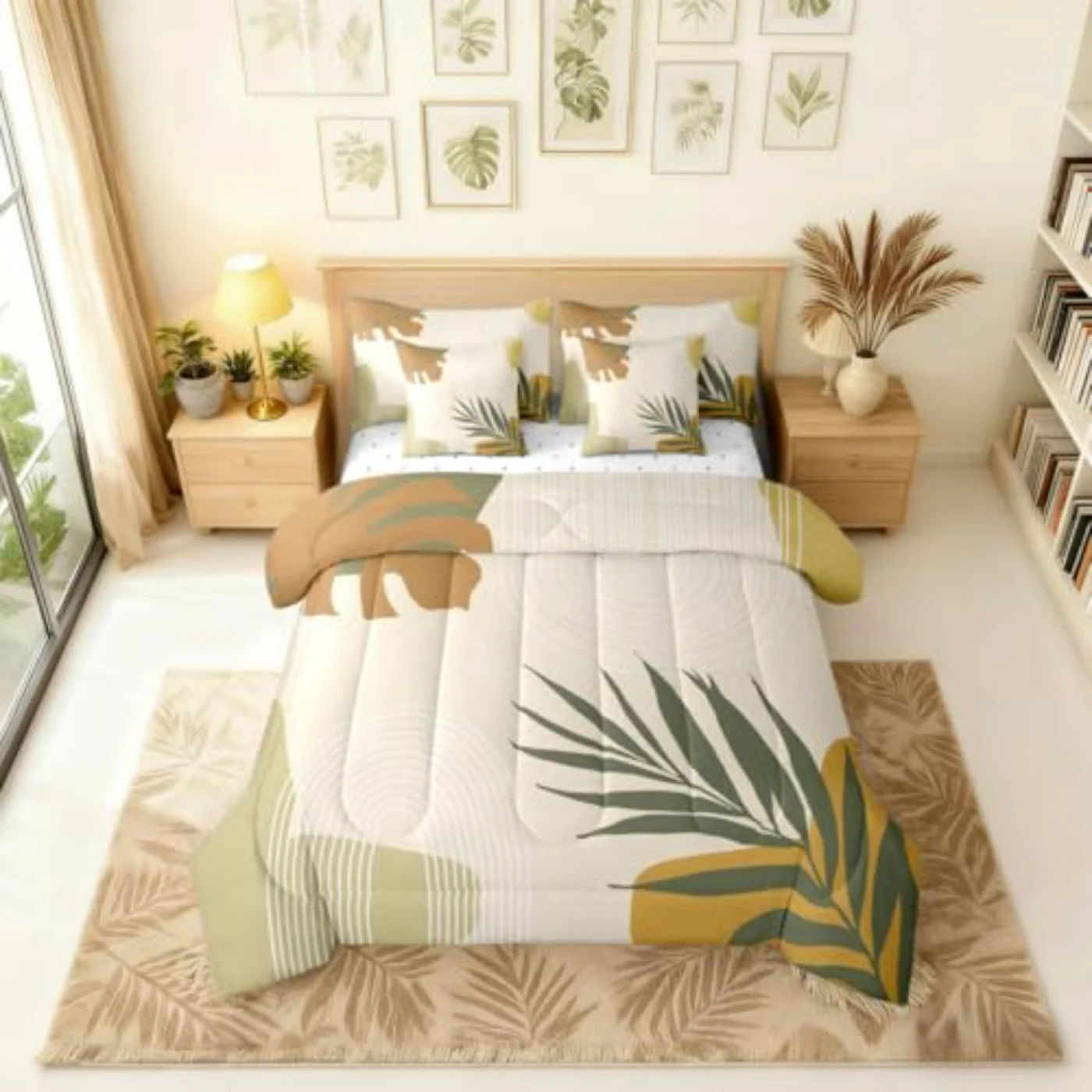 Beige Green Boho Comforter Set, Queen