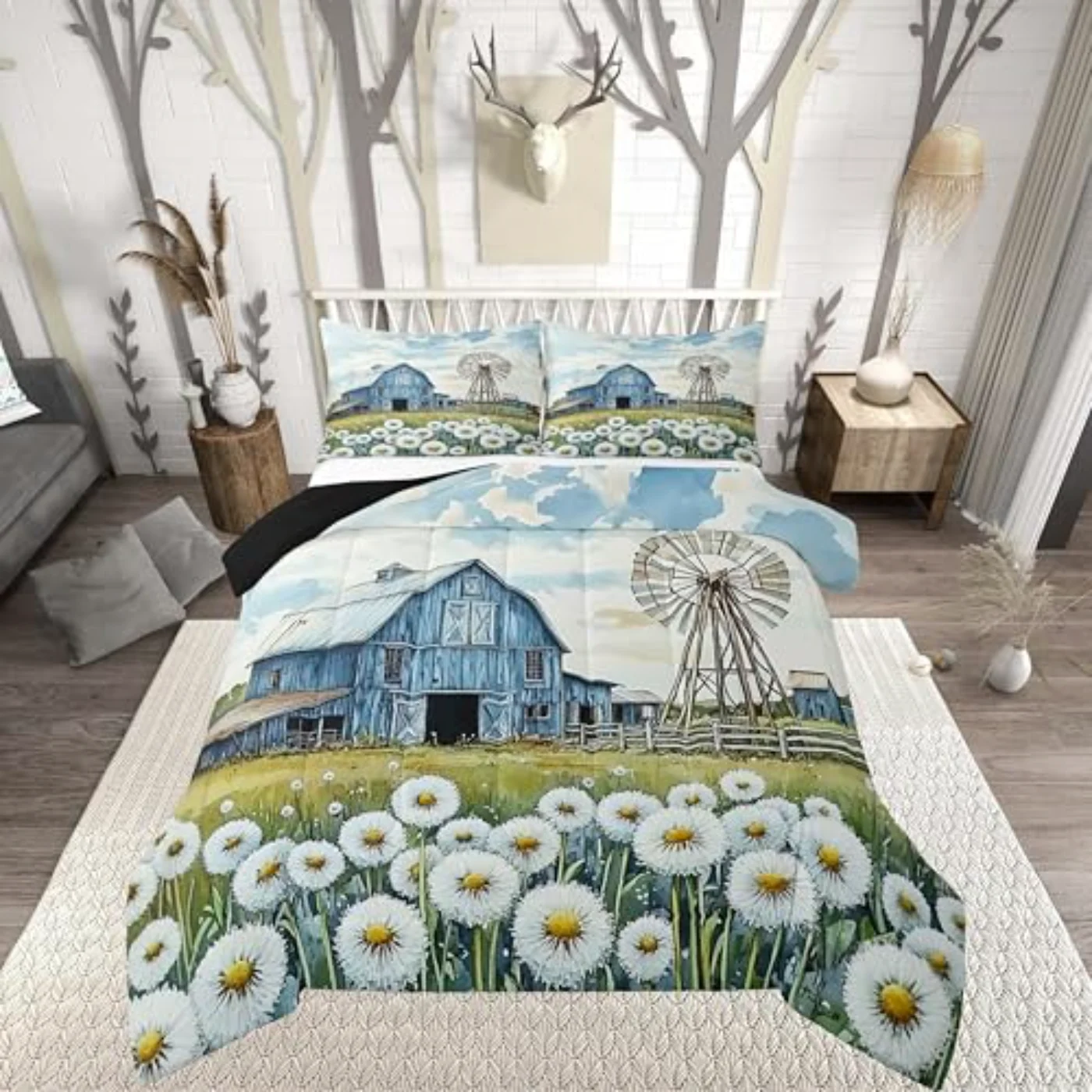 Rustic Farmhouse Retro Turquoise Barn Comforter Set, Queen