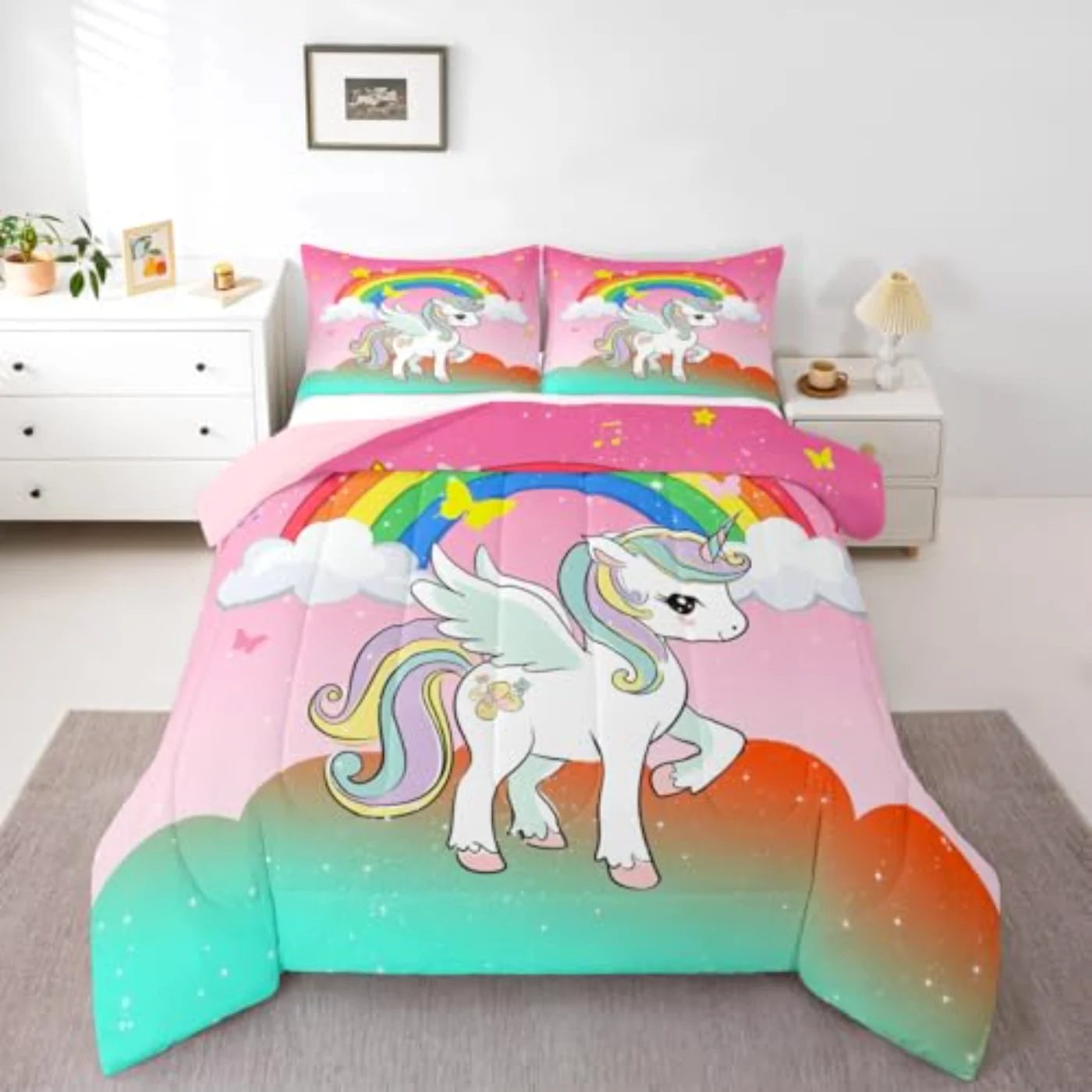Unicorn Girls Kawaii Rainbow Unicorn Comforter Set, Twin