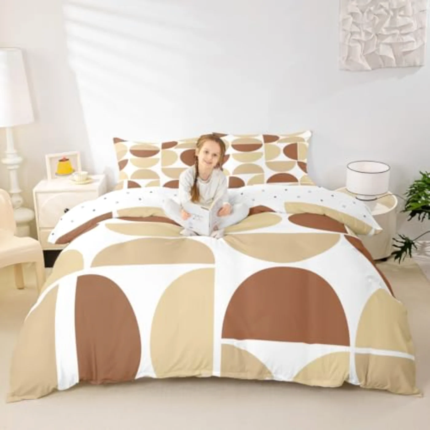 Cream Mid Century Retro Boho Duvet Cover, Queen