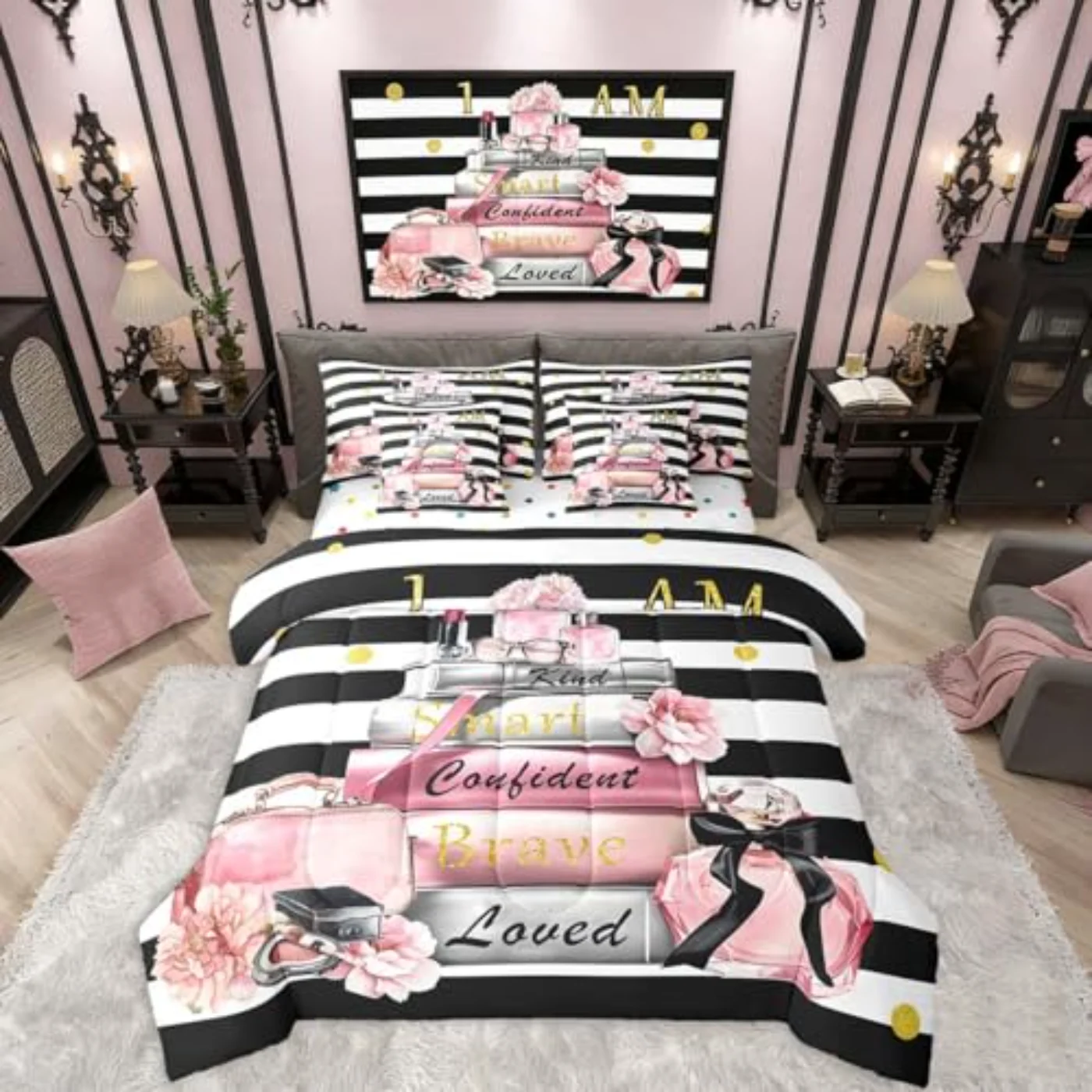 Pink Fashion Sheets Girls Girly Comforter Set, Queen