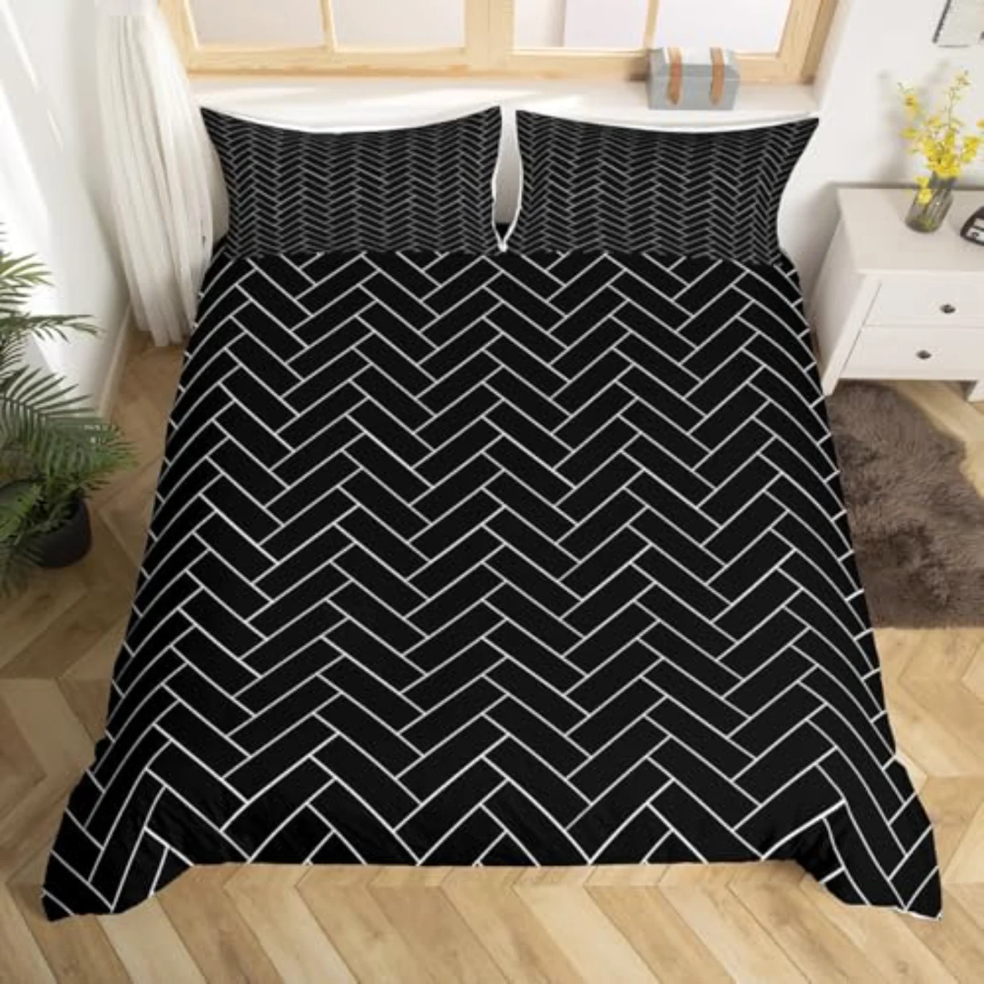 Black Geometric Black White Striped Duvet Cover, Full