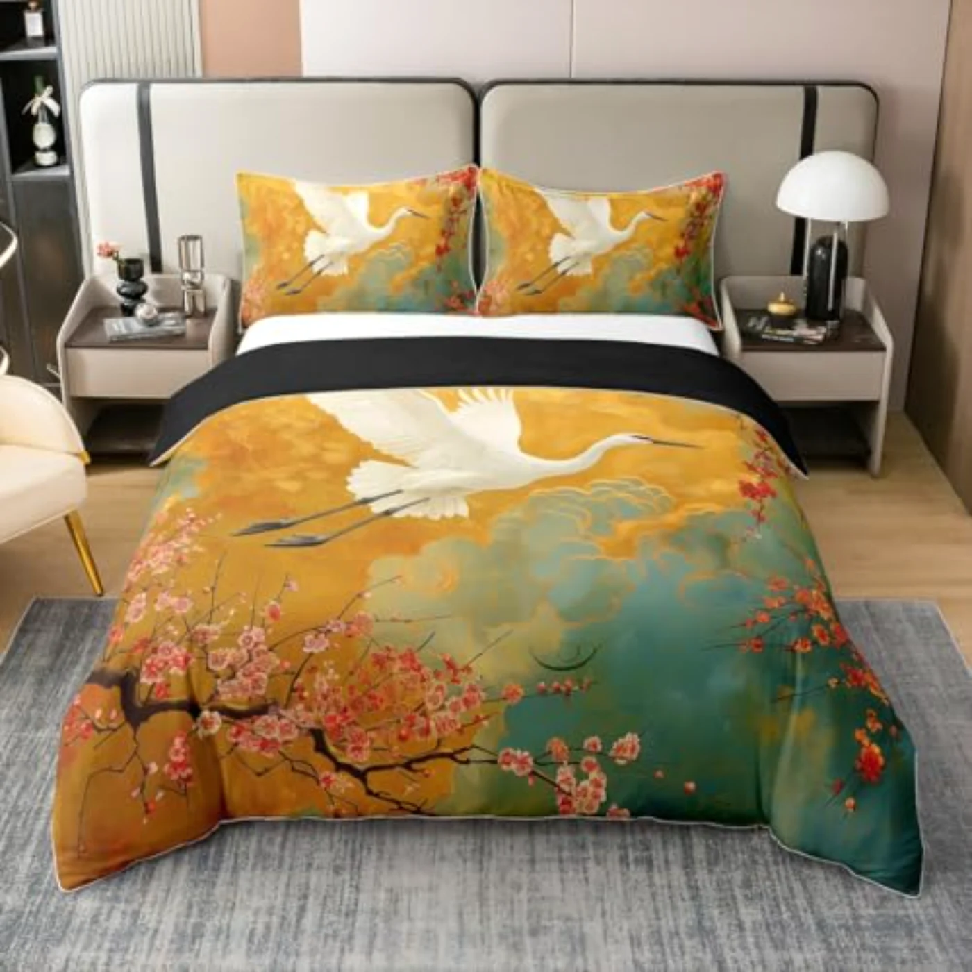 Crane Bird Cotton Plum Bossom Duvet Cover, Queen